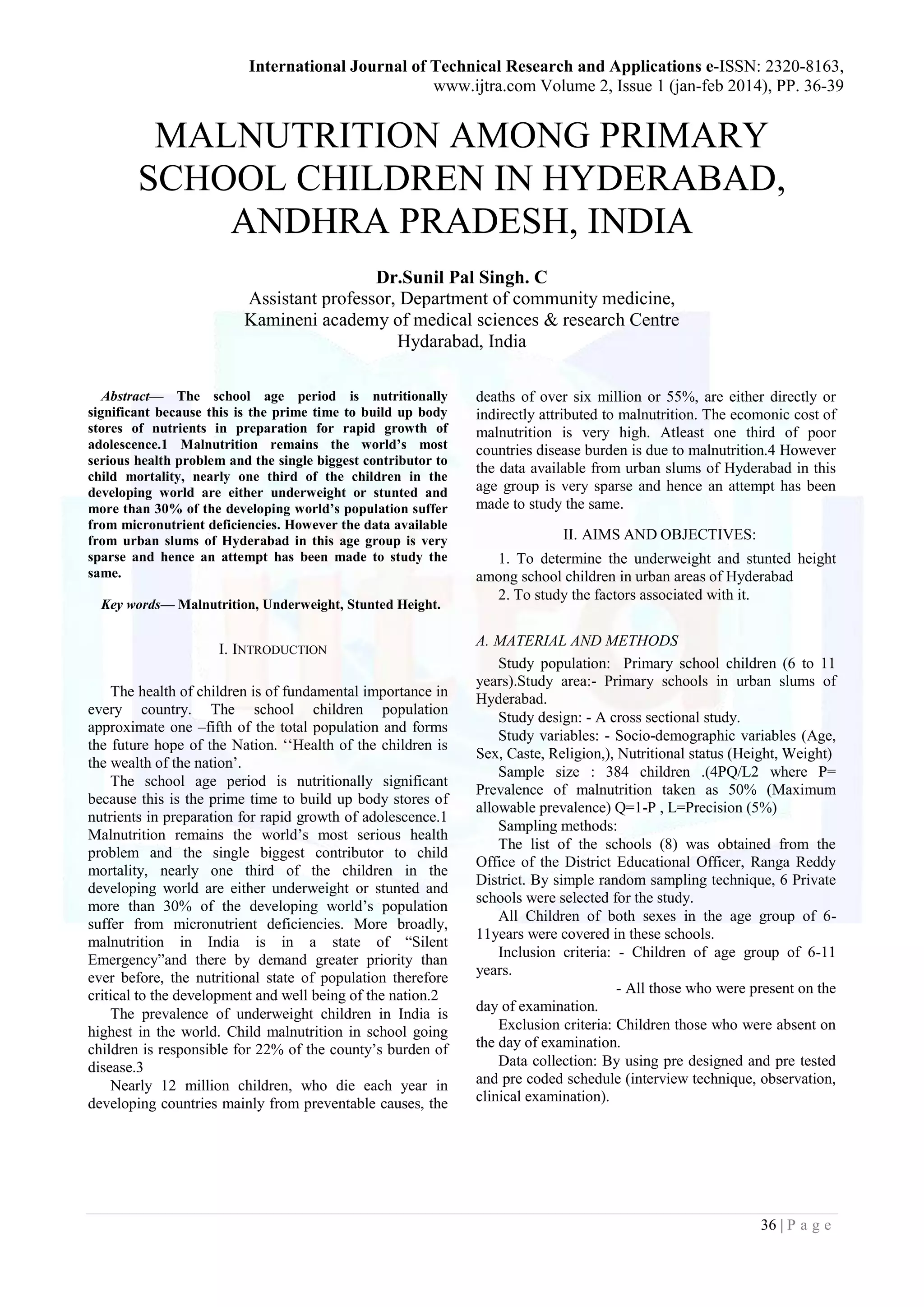 MALNUTRITION AMONG PRIMARY SCHOOL CHILDREN IN HYDERABAD, ANDHRA PRADESH ...