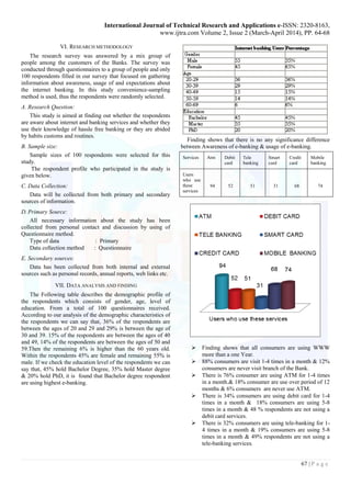 International Journal of Technical Research and Applications e-ISSN: 2320-8163,
www.ijtra.com Volume 2, Issue 2 (March-April 2014), PP. 64-68
67 | P a g e
VI. RESEARCH METHODOLOGY
The research survey was answered by a mix group of
people among the customers of the Banks. The survey was
conducted through questionnaires to a group of people and only
100 respondents filled in our survey that focused on gathering
information about awareness, usage of and expectations about
the internet banking. In this study convenience-sampling
method is used, thus the respondents were randomly selected.
A. Research Question:
This study is aimed at finding out whether the respondents
are aware about internet and banking services and whether they
use their knowledge of hassle free banking or they are abided
by habits customs and routines.
B. Sample size:
Sample sizes of 100 respondents were selected for this
study.
The respondent profile who participated in the study is
given below.
C. Data Collection:
Data will be collected from both primary and secondary
sources of information.
D. Primary Source:
All necessary information about the study has been
collected from personal contact and discussion by using of
Questionnaire method.
Type of data : Primary
Data collection method : Questionnaire
E. Secondary sources:
Data has been collected from both internal and external
sources such as personal records, annual reports, web links etc.
VII. DATA ANALYSIS AND FINDING
The Following table describes the demographic profile of
the respondents which consists of gender, age, level of
education. From a total of 100 questionnaires received.
According to our analysis of the demographic characteristics of
the respondents we can say that, 36% of the respondents are
between the ages of 20 and 29 and 29% is between the age of
30 and 39. 15% of the respondents are between the ages of 40
and 49, 14% of the respondents are between the ages of 50 and
59.Then the remaining 6% is higher than the 60 years old.
Within the respondents 45% are female and remaining 55% is
male. If we check the education level of the respondents we can
say that, 45% hold Bachelor Degree, 35% hold Master degree
& 20% hold PhD, it is found that Bachelor degree respondent
are using highest e-banking.
Finding shows that there is no any significance difference
between Awareness of e-banking & usage of e-banking.
 Finding shows that all consumers are using WWW
more than a one Year.
 88% consumers are visit 1-4 times in a month & 12%
consumers are never visit branch of the Bank.
 There is 76% consumer are using ATM for 1-4 times
in a month.& 18% consumer are use over period of 12
months & 6% consumers are never use ATM.
 There is 34% consumers are using debit card for 1-4
times in a month & 18% consumers are using 5-8
times in a month & 48 % respondents are not using a
debit card services.
 There is 32% consumers are using tele-banking for 1-
4 times in a month & 19% consumers are using 5-8
times in a month & 49% respondents are not using a
tele-banking services.
Services Atm Debit
card
Tele
banking
Smart
card
Credit
card
Mobile
banking
Users
who use
these
services
94 52 51 31 68 74
 