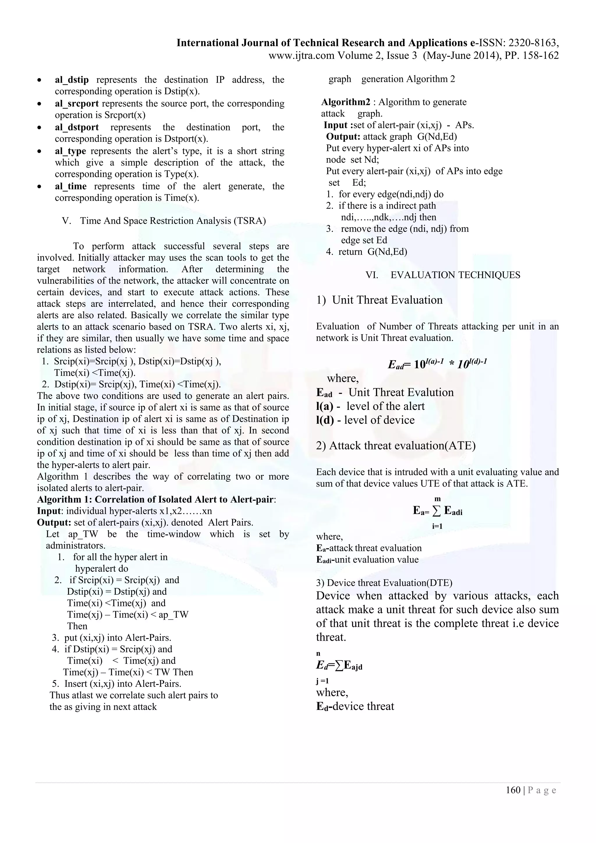 International Journal of Technical Research and Applications e-ISSN: 2320-8163,
www.ijtra.com Volume 2, Issue 3 (May-June 2014), PP. 158-162
160 | P a g e
 al_dstip represents the destination IP address, the
corresponding operation is Dstip(x).
 al_srcport represents the source port, the corresponding
operation is Srcport(x)
 al_dstport represents the destination port, the
corresponding operation is Dstport(x).
 al_type represents the alert’s type, it is a short string
which give a simple description of the attack, the
corresponding operation is Type(x).
 al_time represents time of the alert generate, the
corresponding operation is Time(x).
V. Time And Space Restriction Analysis (TSRA)
To perform attack successful several steps are
involved. Initially attacker may uses the scan tools to get the
target network information. After determining the
vulnerabilities of the network, the attacker will concentrate on
certain devices, and start to execute attack actions. These
attack steps are interrelated, and hence their corresponding
alerts are also related. Basically we correlate the similar type
alerts to an attack scenario based on TSRA. Two alerts xi, xj,
if they are similar, then usually we have some time and space
relations as listed below:
1. Srcip(xi)=Srcip(xj ), Dstip(xi)=Dstip(xj ),
Time(xi) <Time(xj).
2. Dstip(xi)= Srcip(xj), Time(xi) <Time(xj).
The above two conditions are used to generate an alert pairs.
In initial stage, if source ip of alert xi is same as that of source
ip of xj, Destination ip of alert xi is same as of Destination ip
of xj such that time of xi is less than that of xj. In second
condition destination ip of xi should be same as that of source
ip of xj and time of xi should be less than time of xj then add
the hyper-alerts to alert pair.
Algorithm 1 describes the way of correlating two or more
isolated alerts to alert-pair.
Algorithm 1: Correlation of Isolated Alert to Alert-pair:
Input: individual hyper-alerts x1,x2……xn
Output: set of alert-pairs (xi,xj). denoted Alert Pairs.
Let ap_TW be the time-window which is set by
administrators.
1. for all the hyper alert in
hyperalert do
2. if Srcip(xi) = Srcip(xj) and
Dstip(xi) = Dstip(xj) and
Time(xi) <Time(xj) and
Time(xj) – Time(xi) < ap_TW
Then
3. put (xi,xj) into Alert-Pairs.
4. if Dstip(xi) = Srcip(xj) and
Time(xi) < Time(xj) and
Time(xj) – Time(xi) < TW Then
5. Insert (xi,xj) into Alert-Pairs.
Thus atlast we correlate such alert pairs to
the as giving in next attack
graph generation Algorithm 2
Algorithm2 : Algorithm to generate
attack graph.
Input :set of alert-pair (xi,xj) - APs.
Output: attack graph G(Nd,Ed)
Put every hyper-alert xi of APs into
node set Nd;
Put every alert-pair (xi,xj) of APs into edge
set Ed;
1. for every edge(ndi,ndj) do
2. if there is a indirect path
ndi,…..,ndk,….ndj then
3. remove the edge (ndi, ndj) from
edge set Ed
4. return G(Nd,Ed)
VI. EVALUATION TECHNIQUES
1) Unit Threat Evaluation
Evaluation of Number of Threats attacking per unit in an
network is Unit Threat evaluation.
Ead= 10l(a)-1
* 10l(d)-1
where,
Ead - Unit Threat Evalution
l(a) - level of the alert
l(d) - level of device
2) Attack threat evaluation(ATE)
Each device that is intruded with a unit evaluating value and
sum of that device values UTE of that attack is ATE.
m
Ea= ∑ Eadi
i=1
where,
Ea-attack threat evaluation
Eadi-unit evaluation value
3) Device threat Evaluation(DTE)
Device when attacked by various attacks, each
attack make a unit threat for such device also sum
of that unit threat is the complete threat i.e device
threat.
n
Ed=∑Eajd
j =1
where,
Ed-device threat
 