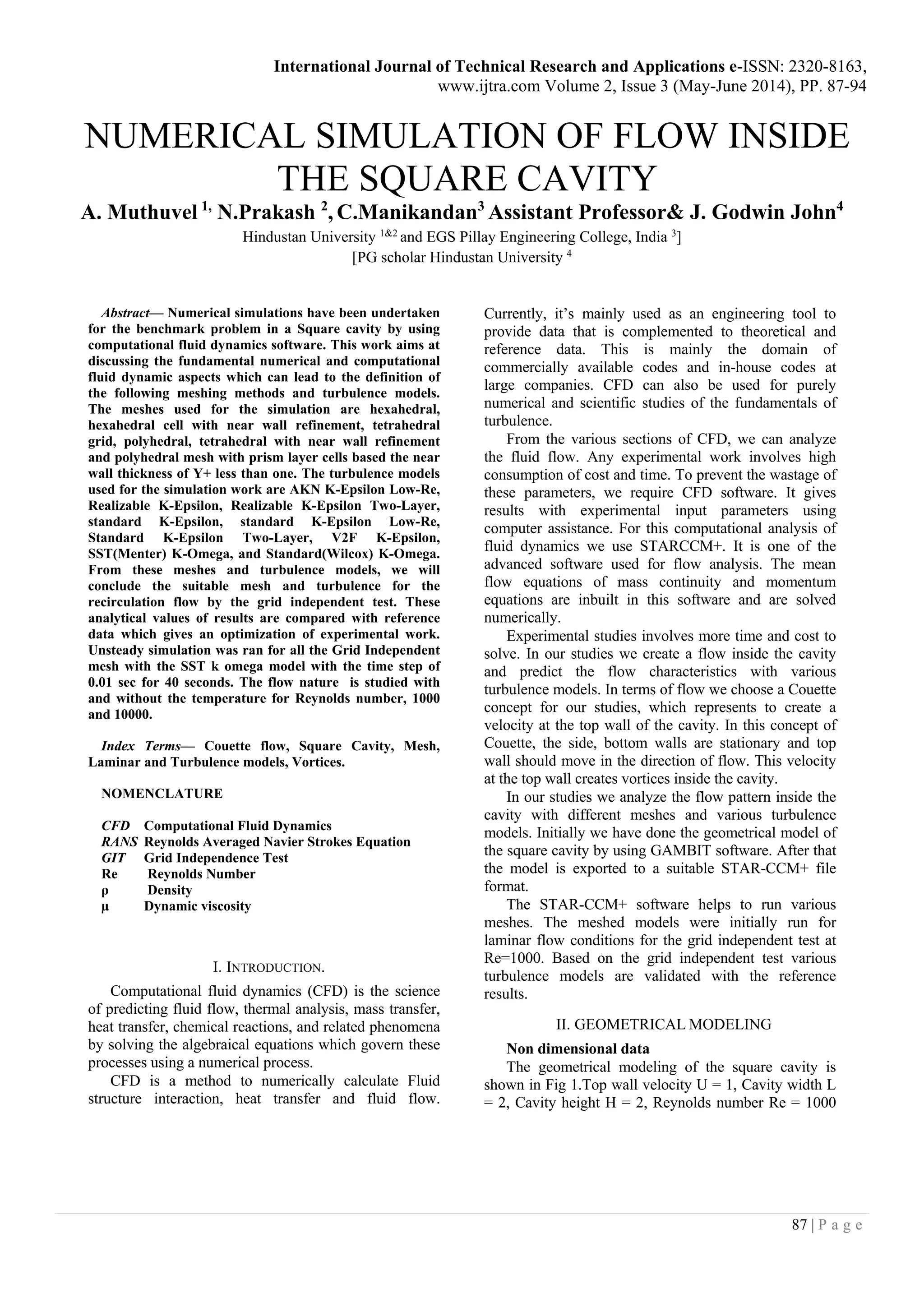 NUMERICAL SIMULATION OF FLOW INSIDE THE SQUARE CAVITY | PDF