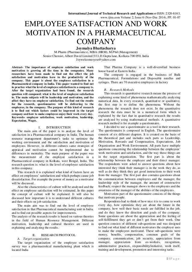 employee satisfaction and work motivation in a pharmaceutical company