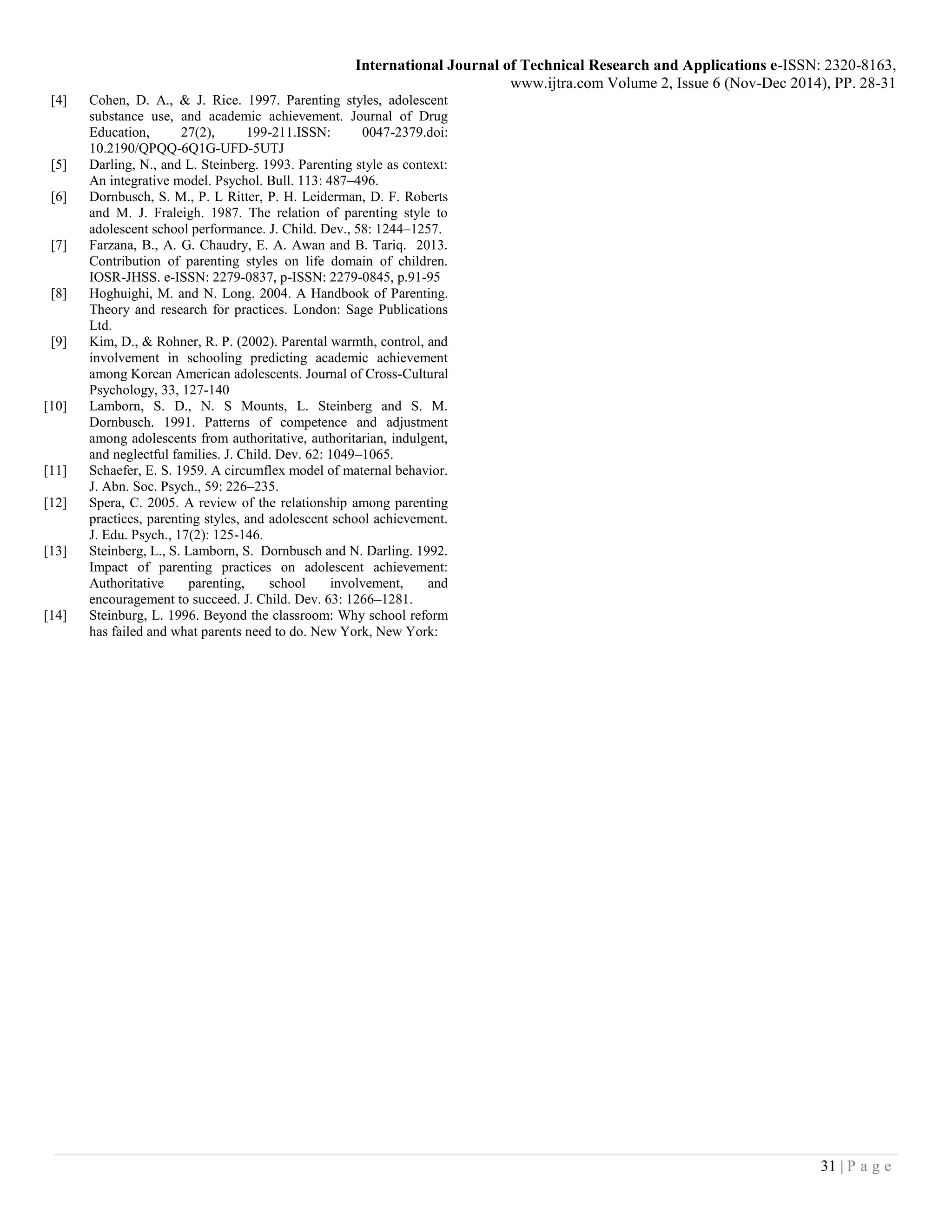International Journal of Technical Research and Applications e-ISSN: 2320-8163,
www.ijtra.com Volume 2, Issue 6 (Nov-Dec 2014), PP. 28-31
31 | P a g e
[4] Cohen, D. A., & J. Rice. 1997. Parenting styles, adolescent
substance use, and academic achievement. Journal of Drug
Education, 27(2), 199-211.ISSN: 0047-2379.doi:
10.2190/QPQQ-6Q1G-UFD-5UTJ
[5] Darling, N., and L. Steinberg. 1993. Parenting style as context:
An integrative model. Psychol. Bull. 113: 487–496.
[6] Dornbusch, S. M., P. L Ritter, P. H. Leiderman, D. F. Roberts
and M. J. Fraleigh. 1987. The relation of parenting style to
adolescent school performance. J. Child. Dev., 58: 1244–1257.
[7] Farzana, B., A. G. Chaudry, E. A. Awan and B. Tariq. 2013.
Contribution of parenting styles on life domain of children.
IOSR-JHSS. e-ISSN: 2279-0837, p-ISSN: 2279-0845, p.91-95
[8] Hoghuighi, M. and N. Long. 2004. A Handbook of Parenting.
Theory and research for practices. London: Sage Publications
Ltd.
[9] Kim, D., & Rohner, R. P. (2002). Parental warmth, control, and
involvement in schooling predicting academic achievement
among Korean American adolescents. Journal of Cross-Cultural
Psychology, 33, 127-140
[10] Lamborn, S. D., N. S Mounts, L. Steinberg and S. M.
Dornbusch. 1991. Patterns of competence and adjustment
among adolescents from authoritative, authoritarian, indulgent,
and neglectful families. J. Child. Dev. 62: 1049–1065.
[11] Schaefer, E. S. 1959. A circumflex model of maternal behavior.
J. Abn. Soc. Psych., 59: 226–235.
[12] Spera, C. 2005. A review of the relationship among parenting
practices, parenting styles, and adolescent school achievement.
J. Edu. Psych., 17(2): 125-146.
[13] Steinberg, L., S. Lamborn, S. Dornbusch and N. Darling. 1992.
Impact of parenting practices on adolescent achievement:
Authoritative parenting, school involvement, and
encouragement to succeed. J. Child. Dev. 63: 1266–1281.
[14] Steinburg, L. 1996. Beyond the classroom: Why school reform
has failed and what parents need to do. New York, New York:
 
