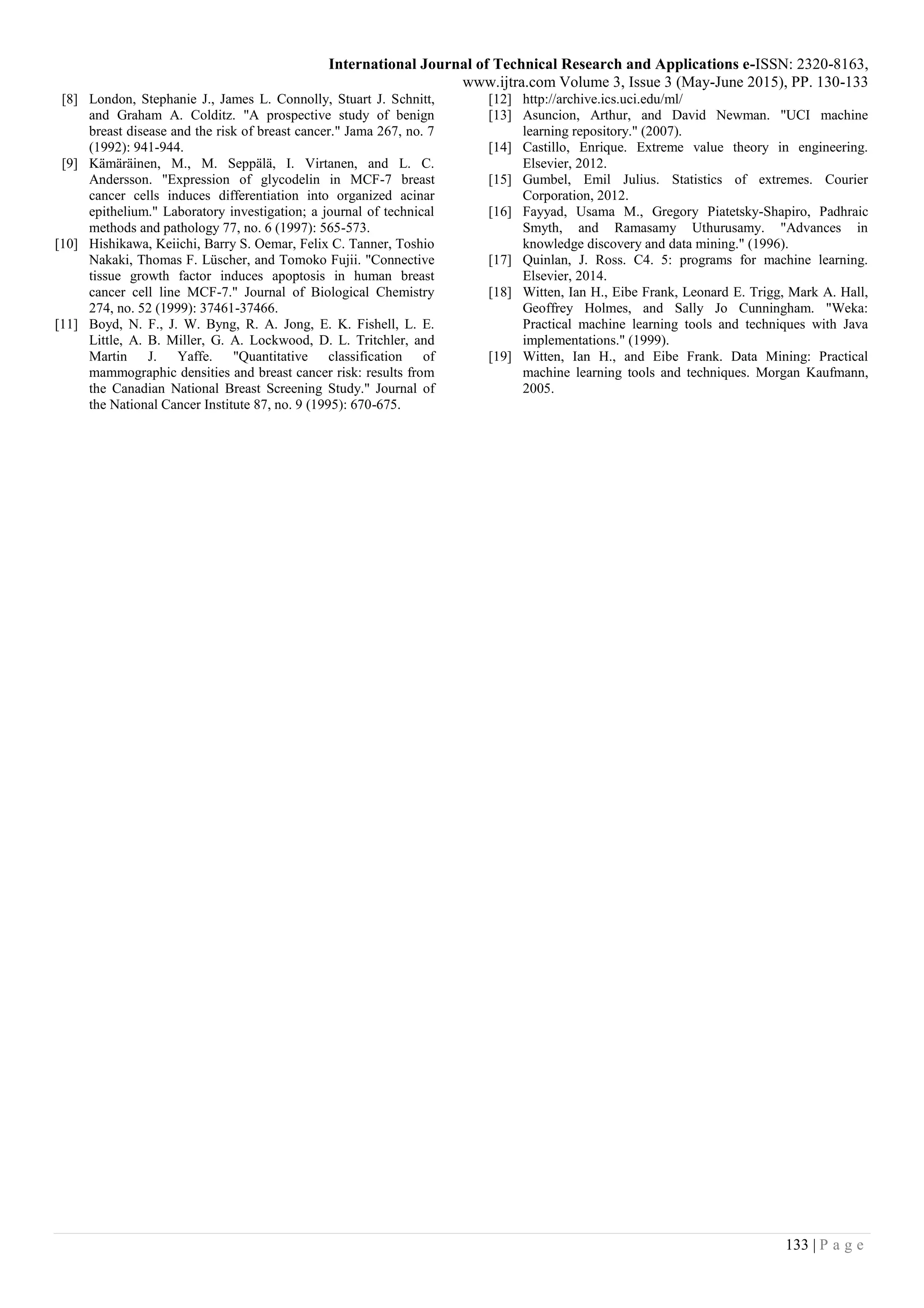 International Journal of Technical Research and Applications e-ISSN: 2320-8163,
www.ijtra.com Volume 3, Issue 3 (May-June 2015), PP. 130-133
133 | P a g e
[8] London, Stephanie J., James L. Connolly, Stuart J. Schnitt,
and Graham A. Colditz. "A prospective study of benign
breast disease and the risk of breast cancer." Jama 267, no. 7
(1992): 941-944.
[9] Kämäräinen, M., M. Seppälä, I. Virtanen, and L. C.
Andersson. "Expression of glycodelin in MCF-7 breast
cancer cells induces differentiation into organized acinar
epithelium." Laboratory investigation; a journal of technical
methods and pathology 77, no. 6 (1997): 565-573.
[10] Hishikawa, Keiichi, Barry S. Oemar, Felix C. Tanner, Toshio
Nakaki, Thomas F. Lüscher, and Tomoko Fujii. "Connective
tissue growth factor induces apoptosis in human breast
cancer cell line MCF-7." Journal of Biological Chemistry
274, no. 52 (1999): 37461-37466.
[11] Boyd, N. F., J. W. Byng, R. A. Jong, E. K. Fishell, L. E.
Little, A. B. Miller, G. A. Lockwood, D. L. Tritchler, and
Martin J. Yaffe. "Quantitative classification of
mammographic densities and breast cancer risk: results from
the Canadian National Breast Screening Study." Journal of
the National Cancer Institute 87, no. 9 (1995): 670-675.
[12] http://archive.ics.uci.edu/ml/
[13] Asuncion, Arthur, and David Newman. "UCI machine
learning repository." (2007).
[14] Castillo, Enrique. Extreme value theory in engineering.
Elsevier, 2012.
[15] Gumbel, Emil Julius. Statistics of extremes. Courier
Corporation, 2012.
[16] Fayyad, Usama M., Gregory Piatetsky-Shapiro, Padhraic
Smyth, and Ramasamy Uthurusamy. "Advances in
knowledge discovery and data mining." (1996).
[17] Quinlan, J. Ross. C4. 5: programs for machine learning.
Elsevier, 2014.
[18] Witten, Ian H., Eibe Frank, Leonard E. Trigg, Mark A. Hall,
Geoffrey Holmes, and Sally Jo Cunningham. "Weka:
Practical machine learning tools and techniques with Java
implementations." (1999).
[19] Witten, Ian H., and Eibe Frank. Data Mining: Practical
machine learning tools and techniques. Morgan Kaufmann,
2005.
 