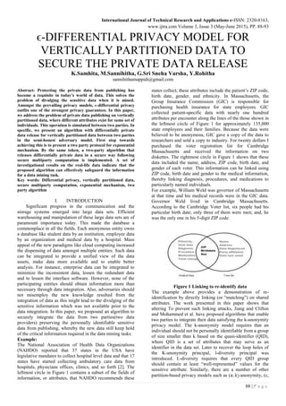 International Journal of Technical Research and Applications e-ISSN: 2320-8163,
www.ijtra.com Volume 3, Issue 3 (May-June 2015), PP. 88-93
88 | P a g e
ϵ-DIFFERENTIAL PRIVACY MODEL FOR
VERTICALLY PARTITIONED DATA TO
SECURE THE PRIVATE DATA RELEASE
K.Samhita, M.Sannihitha, G.Sri Sneha Varsha, Y.Rohitha
sannihithamuppidi@gmail.com
Abstract- Protecting the private data from publishing has
become a requisite in today's world of data. This solves the
problem of divulging the sensitive data when it is mined.
Amongst the prevailing privacy models, ϵ-differential privacy
outfits one of the strongest privacy guarantees. In this paper,
we address the problem of private data publishing on vertically
partitioned data, where different attributes exist for same set of
individuals. This operation is simulated between two parties. In
specific, we present an algorithm with differentially private
data release for vertically partitioned data between two parties
in the semi-honest adversary model. First step towards
achieving this is to present a two party protocol for exponential
mechanism. By the same token, a two-party algorithm that
releases differentially private data in a secure way following
secure multiparty computation is implemented. A set of
investigational results on the real-life data indicate that the
proposed algorithm can effectively safeguard the information
for a data mining task.
Key words: Differential privacy, vertically partitioned data,
secure multiparty computation, exponential mechanism, two
party algorithm
I. INTRODUCTION
Significant progress in the communication and the
storage systems emerged into large data sets. Efficient
warehousing and manipulation of these large data sets are of
paramount importance today. This made the database a
commonplace in all the fields. Each anonymous entity owns
a database like student data by an institution, employee data
by an organization and medical data by a hospital. Mass
appeal of the new paradigms like cloud computing increased
the dispensing of data amongst multiple entities. Such data
can be integrated to provide a unified view of the data
assets, make data more available and to enable better
analysis. For instance, enterprise data can be integrated to
minimize the inconsistent data, lessen the redundant data
and to lessen the interface software. However, none of the
participating entities should obtain information more than
necessary through data integration. Also, adversaries should
not misemploy the new knowledge resulted from the
integration of data as this might lead to the divulging of the
sensitive information which was not available prior to the
data integration. In this paper, we propound an algorithm to
securely integrate the data from two parties(two data
providers) preserving the personally identifiable sensitive
data from publishing, whereby the new data still keep hold
of the critical information required in the data mining tasks.
Example:
The National Association of Health Data Organizations
(NAHDO) reported that 37 states in the USA have
legislative mandates to collect hospital level data and that 17
states have started collecting ambulatory care data from
hospitals, physicians offices, clinics, and so forth [2]. The
leftmost circle in Figure 1 contains a subset of the fields of
information, or attributes, that NAHDO recommends these
states collect; these attributes include the patient’s ZIP code,
birth date, gender, and ethnicity. In Massachusetts, the
Group Insurance Commission (GIC) is responsible for
purchasing health insurance for state employees. GIC
collected patient-specific data with nearly one hundred
attributes per encounter along the lines of the those shown in
the leftmost circle of Figure 1 for approximately 135,000
state employees and their families. Because the data were
believed to be anonymous, GIC gave a copy of the data to
researchers and sold a copy to industry. For twenty dollars I
purchased the voter registration list for Cambridge
Massachusetts and received the information on two
diskettes. The rightmost circle in Figure 1 shows that these
data included the name, address, ZIP code, birth date, and
gender of each voter. This information can be linked using
ZIP code, birth date and gender to the medical information,
thereby linking diagnosis, procedures, and medications to
particularly named individuals.
For example, William Weld was governor of Massachusetts
at that time and his medical records were in the GIC data.
Governor Weld lived in Cambridge Massachusetts.
According to the Cambridge Voter list, six people had his
particular birth date; only three of them were men; and, he
was the only one in his 5-digit ZIP code.
Figure 1 Linking to re-identify data
The example above provides a demonstration of re-
identification by directly linking (or “matching”) on shared
attributes. The work presented in this paper shows that
altering To prevent such linking attacks, Jiang and Clifton
and Mohammed et al. have proposed algorithms that enable
two parties to integrate their data satisfying the k-anonymity
privacy model. The k-anonymity model requires that an
individual should not be personally identifiable from a group
of size smaller than k based on the quasi-identifier (QID),
where QID is a set of attributes that may serve as an
identifier in the data set. Later to recover the loop holes of
the K-anonymity principal, l-diversity principal was
introduced. L-diversity requires that every QID group
should contain at least “well-represented” values for the
sensitive attribute. Similarly, there are a number of other
partition-based privacy models such as ( -anonymity, (c,
 