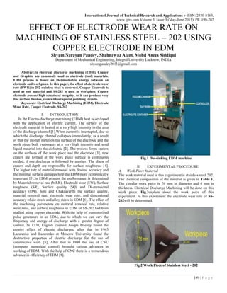 International Journal of Technical Research and Applications e-ISSN: 2320-8163,
www.ijtra.com Volume 3, Issue 3 (May-June 2015), PP. 199-202
199 | P a g e
EFFECT OF ELECTRODE WEAR RATE ON
MACHINING OF STAINLESS STEEL – 202 USING
COPPER ELECTRODE IN EDM
Shyam Narayan Pandey, Shahnawaz Alam, Mohd Anees Siddiqui
Department of Mechanical Engineering, Integral University Lucknow, INDIA
shyampandey2011@gmail.com
Abstract:In electrical discharge machining (EDM), Copper
and Graphite are commonly used as electrode (tool) materials.
EDM process is based on thermoelectric energy between an
electrode and workpiece. In this paper, the effect of electrode wear
rate (EWR) in 202 stainless steel is observed. Copper Electrode is
used as tool material and SS-202 is used as workpiece. Copper
electrode possess high structural integrity, so it can produce very
fine surface finishes, even without special polishing circuits.
Keywords– Electrical Discharge Machining (EDM), Electrode
Wear Rate, Copper Electrode, SS-202
I. INTRODUCTION
In the Electro-discharge machining (EDM) heat is devloped
with the application of electric current. The surface of the
electrode material is heated at a very high intensity in the area
of the discharge channel [1].When current is interrupted, due to
which the discharge channel collapses immediately, as a result
of that the molten metal on the surface of the electrode and the
work piece both evaporates at a very high intensity and send
liquid material into the dielectric [2]. The process forms craters
on the surfaces of the work piece and the electrode [3], new
craters are formed at the work piece surface is continuous
eroded, if one discharge is followed by another. The shape of
craters and depth are responsible for surface roughness. [4].
The higher rate of material removal with desired accuracy and
the minimal surface damages help the EDM more economically
important [5].In EDM process the performance is determined
by Material removal rate (MRR), Electrode wear (EW), Surface
roughness (SR), Surface quality (SQ) and Di-mensional
accuracy (DA). Soni and Chakraverthi the surface quality,
material removal rate, electrode wear rate, and dimensional
accuracy of die steels and alloy steels in EDM [6]. The effect of
the machining parameters on material removal rate, relative
wear ratio, and surface roughness in EDM of SS-202 had been
studied using copper electrode. With the help of transistorized
pulse generators in an EDM, due to which we can vary the
frequency and energy of discharge with a greater degree of
control. In 1770, English chemist Joseph Priestly found the
erosive effect of electric discharges, after that in 1943
Lazarenko and Lazarenko at Moscow University found the
destructive properties of electric discharge for the use of
constructive work [8]. After that in 1980 the use of CNC
(computer numerical control) brought various advances in
working of EDM. With the help of CNC there is a tremendous
advance in efficiency of EDM [8].
Fig.1 Die-sinking EDM machine
II. EXPERIMENTAL PROCEDURE
A. Work Piece Material
The work material used in this experiment is stainless steel 202.
The chemical composition of the material is given in Table 1.
The circular work piece is 76 mm in diameter and 4 mm is
thickness. Electrical Discharge Machining will be done on this
work piece. Fig.2explain about the work piece of this
experiment. In this experiment the electrode wear rate of SS-
202will be determined.
Fig.2 Work Piece of Stainless Steel - 202
 