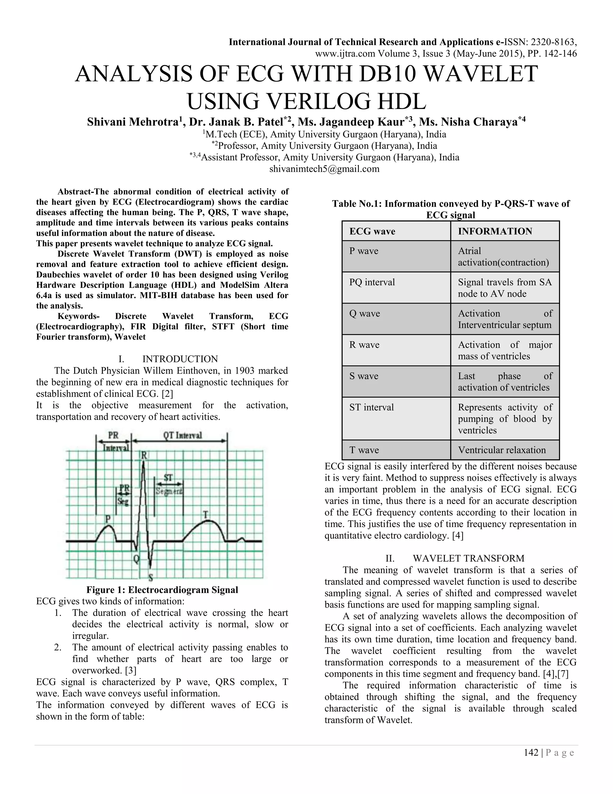 International Journal of Technical Research and Applications e-ISSN: 2320-8163, www.ijtra.com Volume 3, Issue 3 (May-June 2015), PP. 142-146 142 | P a g e ANALYSIS OF ECG WITH DB10 WAVELET USING VERILOG HDL Shivani Mehrotra1, Dr. Janak B. Patel*2, Ms. Jagandeep Kaur*3, Ms. Nisha Charaya*4 1 M.Tech (ECE), Amity University Gurgaon (Haryana), India *2 Professor, Amity University Gurgaon (Haryana), India *3,4 Assistant Professor, Amity University Gurgaon (Haryana), India shivanimtech5@gmail.com Abstract-The abnormal condition of electrical activity of the heart given by ECG (Electrocardiogram) shows the cardiac diseases affecting the human being. The P, QRS, T wave shape, amplitude and time intervals between its various peaks contains useful information about the nature of disease. This paper presents wavelet technique to analyze ECG signal. Discrete Wavelet Transform (DWT) is employed as noise removal and feature extraction tool to achieve efficient design. Daubechies wavelet of order 10 has been designed using Verilog Hardware Description Language (HDL) and ModelSim Altera 6.4a is used as simulator. MIT-BIH database has been used for the analysis. Keywords- Discrete Wavelet Transform, ECG (Electrocardiography), FIR Digital filter, STFT (Short time Fourier transform), Wavelet I. INTRODUCTION The Dutch Physician Willem Einthoven, in 1903 marked the beginning of new era in medical diagnostic techniques for establishment of clinical ECG. [2] It is the objective measurement for the activation, transportation and recovery of heart activities. Figure 1: Electrocardiogram Signal ECG gives two kinds of information: 1. The duration of electrical wave crossing the heart decides the electrical activity is normal, slow or irregular. 2. The amount of electrical activity passing enables to find whether parts of heart are too large or overworked. [3] ECG signal is characterized by P wave, QRS complex, T wave. Each wave conveys useful information. The information conveyed by different waves of ECG is shown in the form of table: Table No.1: Information conveyed by P-QRS-T wave of ECG signal ECG wave INFORMATION P wave Atrial activation(contraction) PQ interval Signal travels from SA node to AV node Q wave Activation of Interventricular septum R wave Activation of major mass of ventricles S wave Last phase of activation of ventricles ST interval Represents activity of pumping of blood by ventricles T wave Ventricular relaxation ECG signal is easily interfered by the different noises because it is very faint. Method to suppress noises effectively is always an important problem in the analysis of ECG signal. ECG varies in time, thus there is a need for an accurate description of the ECG frequency contents according to their location in time. This justifies the use of time frequency representation in quantitative electro cardiology. [4] II. WAVELET TRANSFORM The meaning of wavelet transform is that a series of translated and compressed wavelet function is used to describe sampling signal. A series of shifted and compressed wavelet basis functions are used for mapping sampling signal. A set of analyzing wavelets allows the decomposition of ECG signal into a set of coefficients. Each analyzing wavelet has its own time duration, time location and frequency band. The wavelet coefficient resulting from the wavelet transformation corresponds to a measurement of the ECG components in this time segment and frequency band. [4],[7] The required information characteristic of time is obtained through shifting the signal, and the frequency characteristic of the signal is available through scaled transform of Wavelet. 