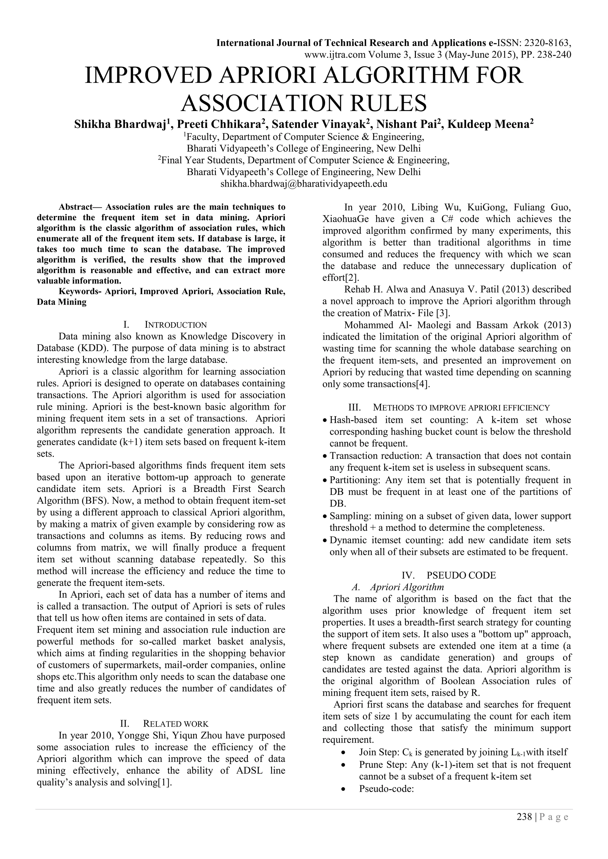 IMPROVED APRIORI ALGORITHM FOR ASSOCIATION RULES | PDF