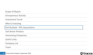 Smart Homes Report, September 201623
Top IPOs in last three years
IPO Date Company Overview
Funding
Amount
Jun-2015 alarm....