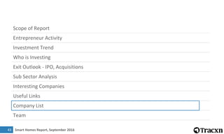 Smart Homes Report, September 201644
Smart Homes – Company List
DETAILS CLOSE TO 620 COMPANIES
(276 FUNDED COMPANIES)
COVE...