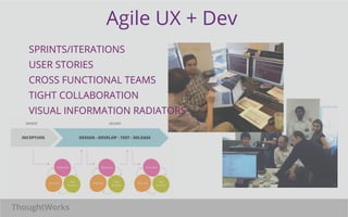 Agile UX + Dev 
SPRINTS/ITERATIONS 
USER STORIES 
CROSS FUNCTIONAL TEAMS 
TIGHT COLLABORATION 
VISUAL INFORMATION RADIATORS 
ThoughtWorks 
 