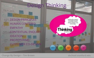 Design Thinking 
DESIGN PRINCIPLES 
HUMAN-CENTERED 
EMPATHY 
CONTEXTUAL ENQUIRY 
IDEATION 
PROTOTYPING 
CUSTOMER CO-DESIGN...