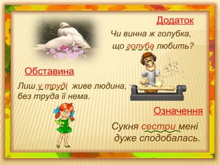 Додаток
Чи винна ж голубка,
що голуба любить?
Обставина
Лиш у труді живе людина,
без труда її нема.
Означення
Сукня сестри мені
дуже сподобалась.
 