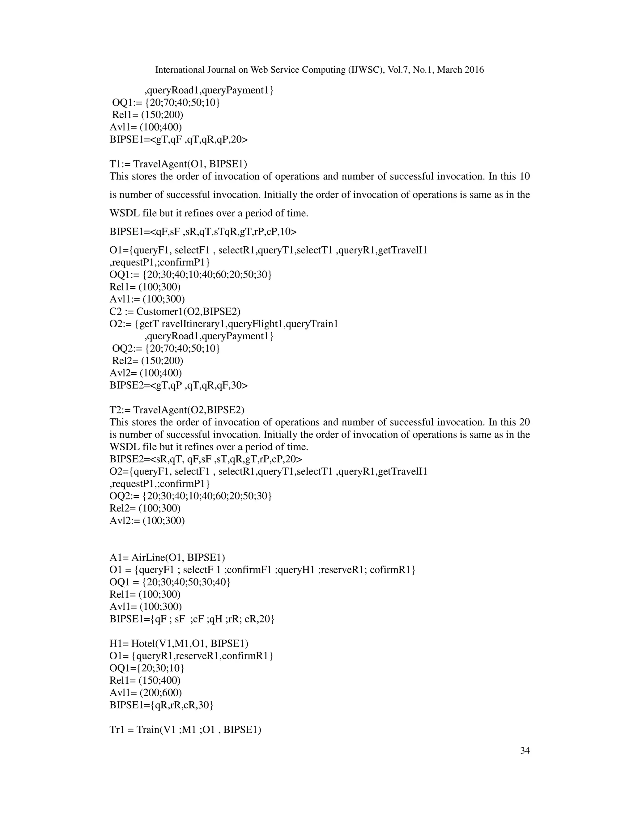 International Journal on Web Service Computing (IJWSC), Vol.7, No.1, March 2016
34
,queryRoad1,queryPayment1}
OQ1:= {20;70;40;50;10}
Rel1= (150;200)
Avl1= (100;400)
BIPSE1=<gT,qF ,qT,qR,qP,20>
T1:= TravelAgent(O1, BIPSE1)
This stores the order of invocation of operations and number of successful invocation. In this 10
is number of successful invocation. Initially the order of invocation of operations is same as in the
WSDL file but it refines over a period of time.
BIPSE1=<qF,sF ,sR,qT,sTqR,gT,rP,cP,10>
O1={queryF1, selectF1 , selectR1,queryT1,selectT1 ,queryR1,getTravelI1
,requestP1,;confirmP1}
OQ1:= {20;30;40;10;40;60;20;50;30}
Rel1= (100;300)
Avl1:= (100;300)
C2 := Customer1(O2,BIPSE2)
O2:= {getT ravelItinerary1,queryFlight1,queryTrain1
,queryRoad1,queryPayment1}
OQ2:= {20;70;40;50;10}
Rel2= (150;200)
Avl2= (100;400)
BIPSE2=<gT,qP ,qT,qR,qF,30>
T2:= TravelAgent(O2,BIPSE2)
This stores the order of invocation of operations and number of successful invocation. In this 20
is number of successful invocation. Initially the order of invocation of operations is same as in the
WSDL file but it refines over a period of time.
BIPSE2=<sR,qT, qF,sF ,sT,qR,gT,rP,cP,20>
O2={queryF1, selectF1 , selectR1,queryT1,selectT1 ,queryR1,getTravelI1
,requestP1,;confirmP1}
OQ2:= {20;30;40;10;40;60;20;50;30}
Rel2= (100;300)
Avl2:= (100;300)
A1= AirLine(O1, BIPSE1)
O1 = {queryF1 ; selectF 1 ;confirmF1 ;queryH1 ;reserveR1; cofirmR1}
OQ1 = {20;30;40;50;30;40}
Rel1= (100;300)
Avl1= (100;300)
BIPSE1={qF ; sF ;cF ;qH ;rR; cR,20}
H1= Hotel(V1,M1,O1, BIPSE1)
O1= {queryR1,reserveR1,confirmR1}
OQ1={20;30;10}
Rel1= (150;400)
Avl1= (200;600)
BIPSE1={qR,rR,cR,30}
Tr1 = Train(V1 ;M1 ;O1 , BIPSE1)
 