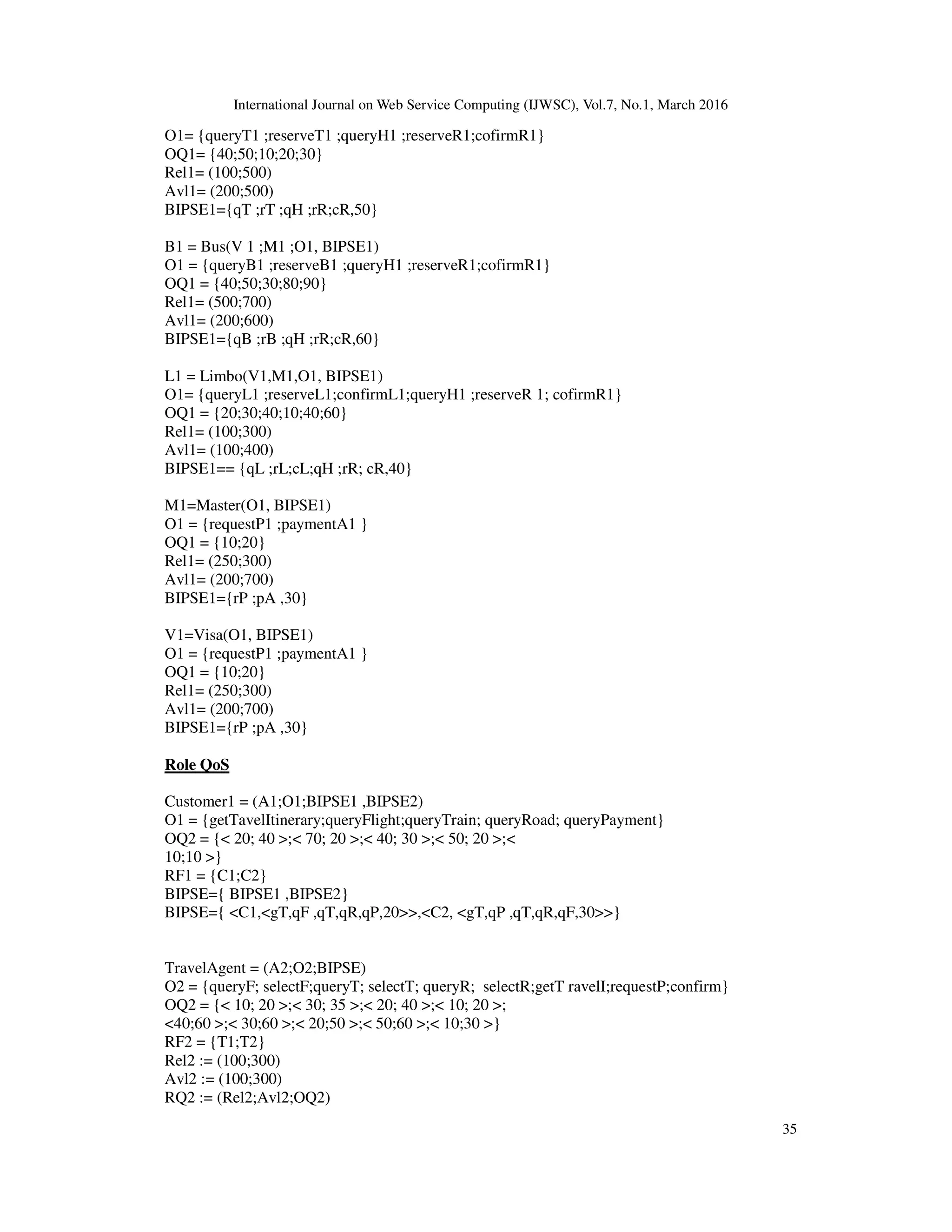 International Journal on Web Service Computing (IJWSC), Vol.7, No.1, March 2016
35
O1= {queryT1 ;reserveT1 ;queryH1 ;reserveR1;cofirmR1}
OQ1= {40;50;10;20;30}
Rel1= (100;500)
Avl1= (200;500)
BIPSE1={qT ;rT ;qH ;rR;cR,50}
B1 = Bus(V 1 ;M1 ;O1, BIPSE1)
O1 = {queryB1 ;reserveB1 ;queryH1 ;reserveR1;cofirmR1}
OQ1 = {40;50;30;80;90}
Rel1= (500;700)
Avl1= (200;600)
BIPSE1={qB ;rB ;qH ;rR;cR,60}
L1 = Limbo(V1,M1,O1, BIPSE1)
O1= {queryL1 ;reserveL1;confirmL1;queryH1 ;reserveR 1; cofirmR1}
OQ1 = {20;30;40;10;40;60}
Rel1= (100;300)
Avl1= (100;400)
BIPSE1== {qL ;rL;cL;qH ;rR; cR,40}
M1=Master(O1, BIPSE1)
O1 = {requestP1 ;paymentA1 }
OQ1 = {10;20}
Rel1= (250;300)
Avl1= (200;700)
BIPSE1={rP ;pA ,30}
V1=Visa(O1, BIPSE1)
O1 = {requestP1 ;paymentA1 }
OQ1 = {10;20}
Rel1= (250;300)
Avl1= (200;700)
BIPSE1={rP ;pA ,30}
Role QoS
Customer1 = (A1;O1;BIPSE1 ,BIPSE2)
O1 = {getTavelItinerary;queryFlight;queryTrain; queryRoad; queryPayment}
OQ2 = {< 20; 40 >;< 70; 20 >;< 40; 30 >;< 50; 20 >;<
10;10 >}
RF1 = {C1;C2}
BIPSE={ BIPSE1 ,BIPSE2}
BIPSE={ <C1,<gT,qF ,qT,qR,qP,20>>,<C2, <gT,qP ,qT,qR,qF,30>>}
TravelAgent = (A2;O2;BIPSE)
O2 = {queryF; selectF;queryT; selectT; queryR; selectR;getT ravelI;requestP;confirm}
OQ2 = {< 10; 20 >;< 30; 35 >;< 20; 40 >;< 10; 20 >;
<40;60 >;< 30;60 >;< 20;50 >;< 50;60 >;< 10;30 >}
RF2 = {T1;T2}
Rel2 := (100;300)
Avl2 := (100;300)
RQ2 := (Rel2;Avl2;OQ2)
 