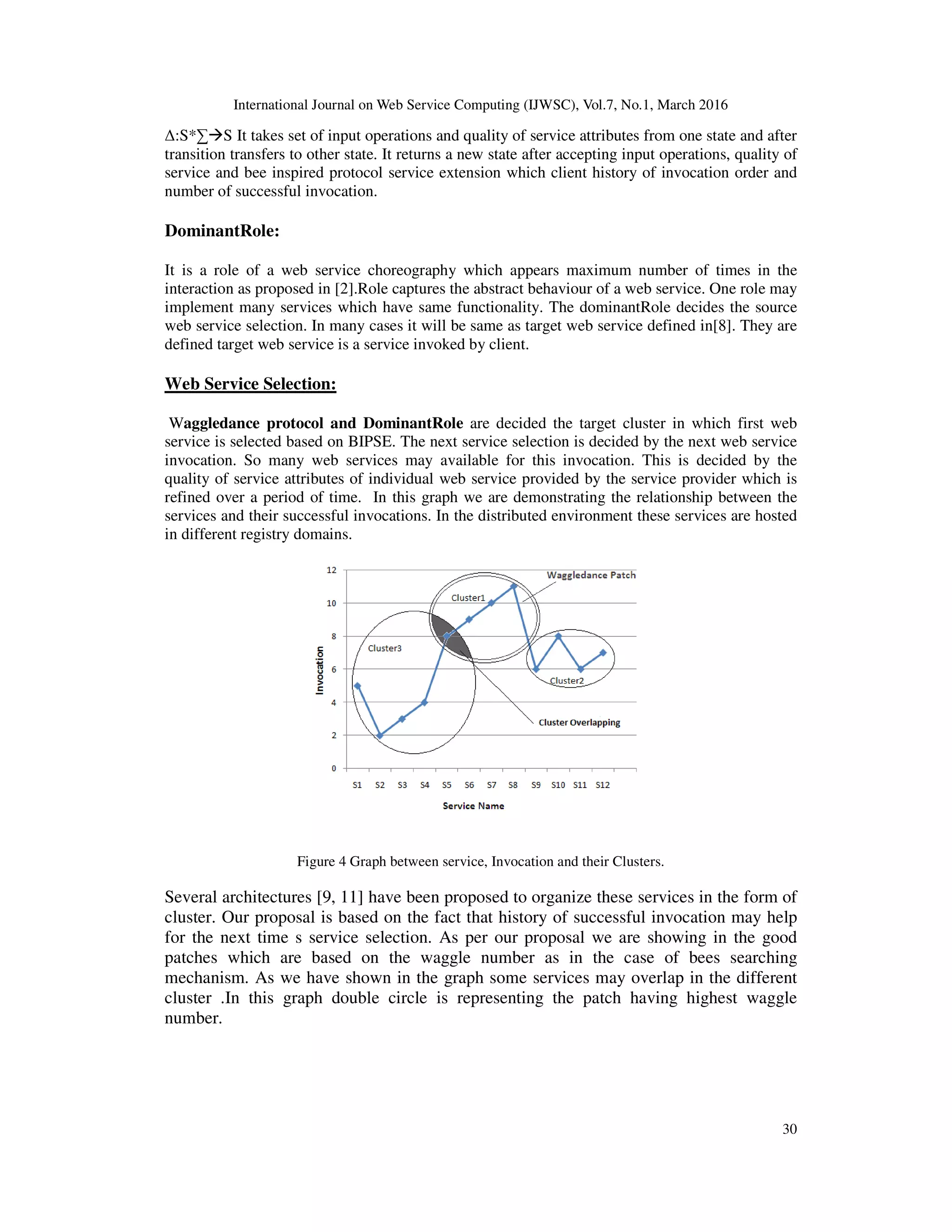 International Journal on Web Service Computing (IJWSC), Vol.7, No.1, March 2016
30
∆:S*∑ S It takes set of input operations and quality of service attributes from one state and after
transition transfers to other state. It returns a new state after accepting input operations, quality of
service and bee inspired protocol service extension which client history of invocation order and
number of successful invocation.
DominantRole:
It is a role of a web service choreography which appears maximum number of times in the
interaction as proposed in [2].Role captures the abstract behaviour of a web service. One role may
implement many services which have same functionality. The dominantRole decides the source
web service selection. In many cases it will be same as target web service defined in[8]. They are
defined target web service is a service invoked by client.
Web Service Selection:
Waggledance protocol and DominantRole are decided the target cluster in which first web
service is selected based on BIPSE. The next service selection is decided by the next web service
invocation. So many web services may available for this invocation. This is decided by the
quality of service attributes of individual web service provided by the service provider which is
refined over a period of time. In this graph we are demonstrating the relationship between the
services and their successful invocations. In the distributed environment these services are hosted
in different registry domains.
Figure 4 Graph between service, Invocation and their Clusters.
Several architectures [9, 11] have been proposed to organize these services in the form of
cluster. Our proposal is based on the fact that history of successful invocation may help
for the next time s service selection. As per our proposal we are showing in the good
patches which are based on the waggle number as in the case of bees searching
mechanism. As we have shown in the graph some services may overlap in the different
cluster .In this graph double circle is representing the patch having highest waggle
number.
 