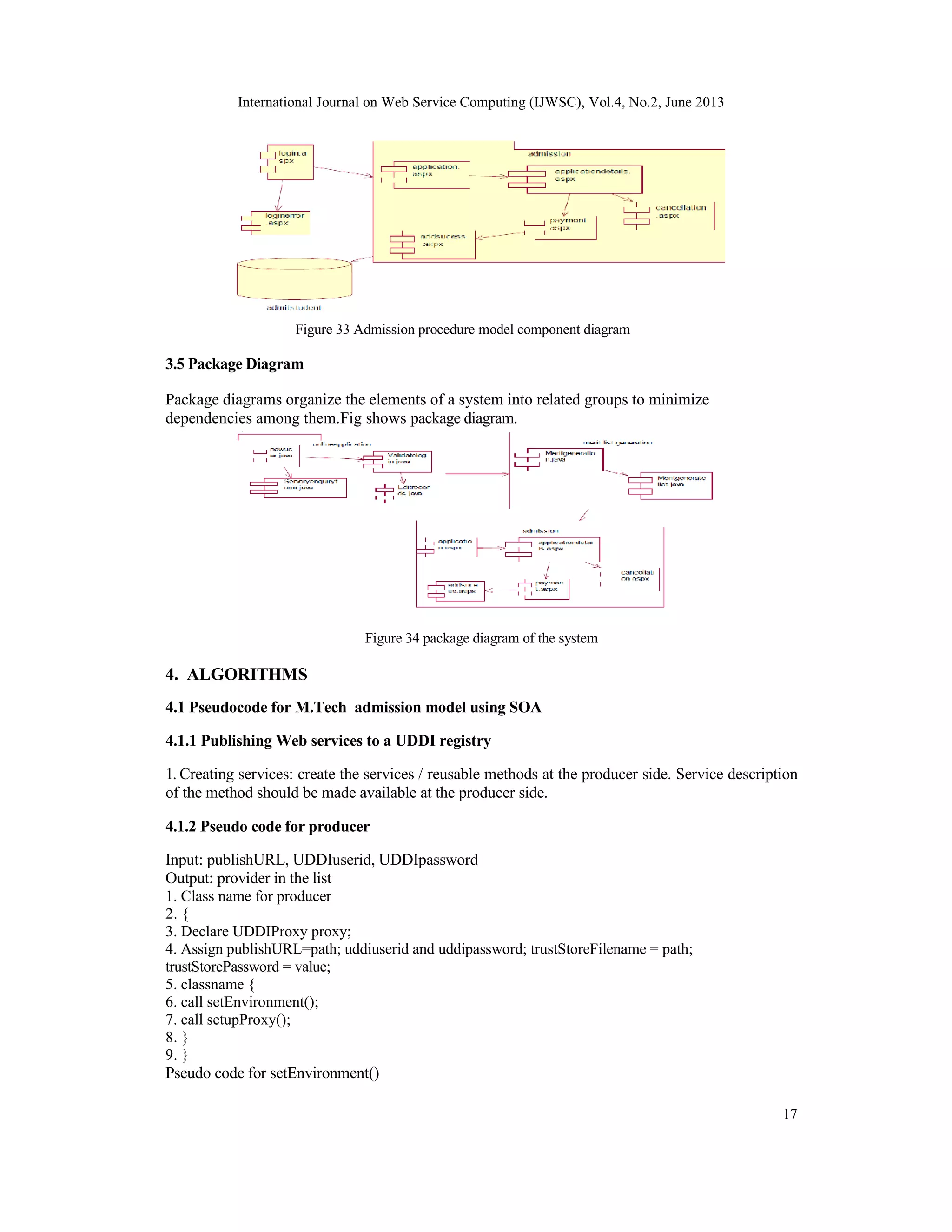 International Journal on Web Service Computing (IJWSC), Vol.4, No.2, June 2013
17
Figure 33 Admission procedure model component diagram
3.5 Package Diagram
Package diagrams organize the elements of a system into related groups to minimize
dependencies among them.Fig shows package diagram.
Figure 34 package diagram of the system
4. ALGORITHMS
4.1 Pseudocode for M.Tech admission model using SOA
4.1.1 Publishing Web services to a UDDI registry
1. Creating services: create the services / reusable methods at the producer side. Service description
of the method should be made available at the producer side.
4.1.2 Pseudo code for producer
Input: publishURL, UDDIuserid, UDDIpassword
Output: provider in the list
1. Class name for producer
2. {
3. Declare UDDIProxy proxy;
4. Assign publishURL=path; uddiuserid and uddipassword; trustStoreFilename = path;
trustStorePassword = value;
5. classname {
6. call setEnvironment();
7. call setupProxy();
8. }
9. }
Pseudo code for setEnvironment()
 