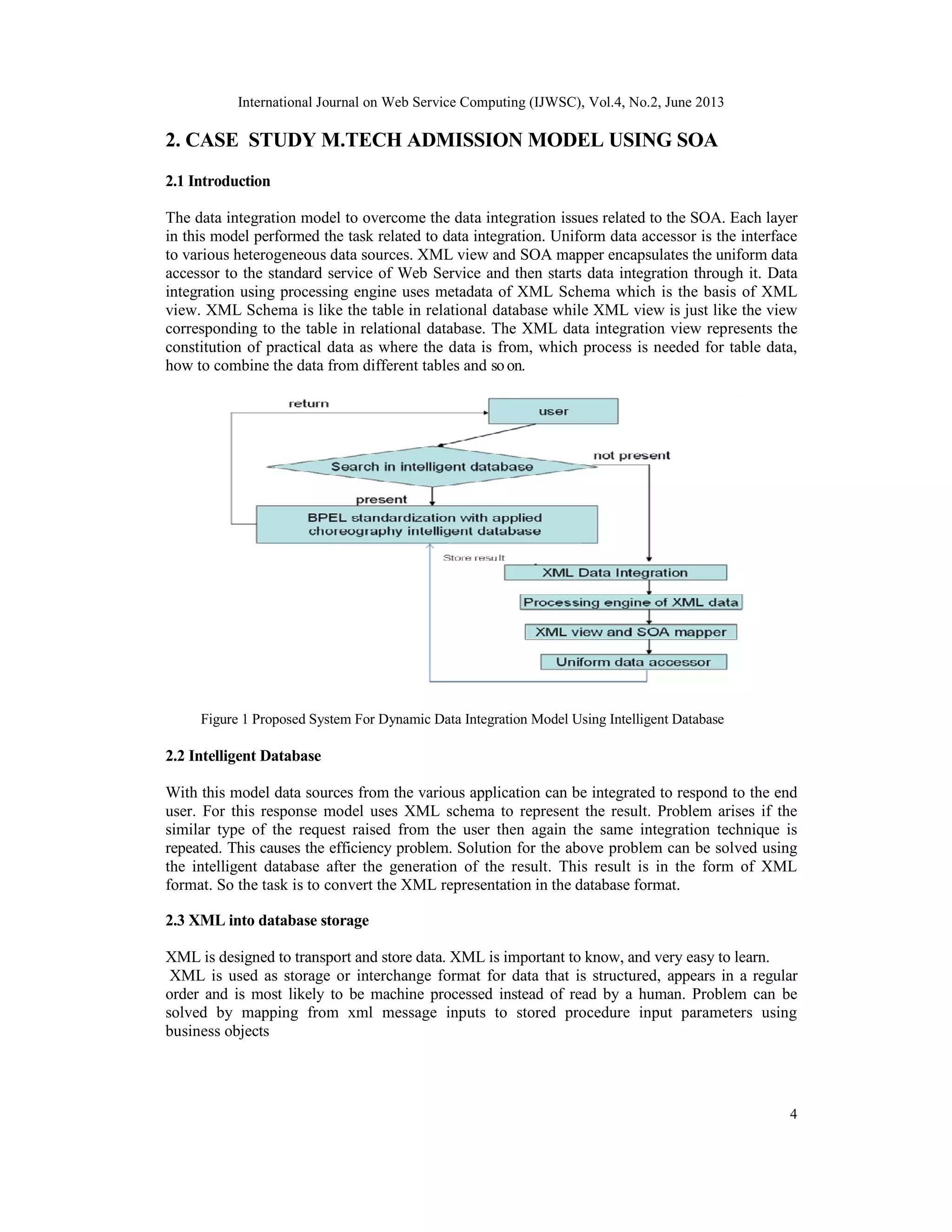International Journal on Web Service Computing (IJWSC), Vol.4, No.2, June 2013
4
2. CASE STUDY M.TECH ADMISSION MODEL USING SOA
2.1 Introduction
The data integration model to overcome the data integration issues related to the SOA. Each layer
in this model performed the task related to data integration. Uniform data accessor is the interface
to various heterogeneous data sources. XML view and SOA mapper encapsulates the uniform data
accessor to the standard service of Web Service and then starts data integration through it. Data
integration using processing engine uses metadata of XML Schema which is the basis of XML
view. XML Schema is like the table in relational database while XML view is just like the view
corresponding to the table in relational database. The XML data integration view represents the
constitution of practical data as where the data is from, which process is needed for table data,
how to combine the data from different tables and soon.
Figure 1 Proposed System For Dynamic Data Integration Model Using Intelligent Database
2.2 Intelligent Database
With this model data sources from the various application can be integrated to respond to the end
user. For this response model uses XML schema to represent the result. Problem arises if the
similar type of the request raised from the user then again the same integration technique is
repeated. This causes the efficiency problem. Solution for the above problem can be solved using
the intelligent database after the generation of the result. This result is in the form of XML
format. So the task is to convert the XML representation in the database format.
2.3 XML into database storage
XML is designed to transport and store data. XML is important to know, and very easy to learn.
XML is used as storage or interchange format for data that is structured, appears in a regular
order and is most likely to be machine processed instead of read by a human. Problem can be
solved by mapping from xml message inputs to stored procedure input parameters using
business objects
 