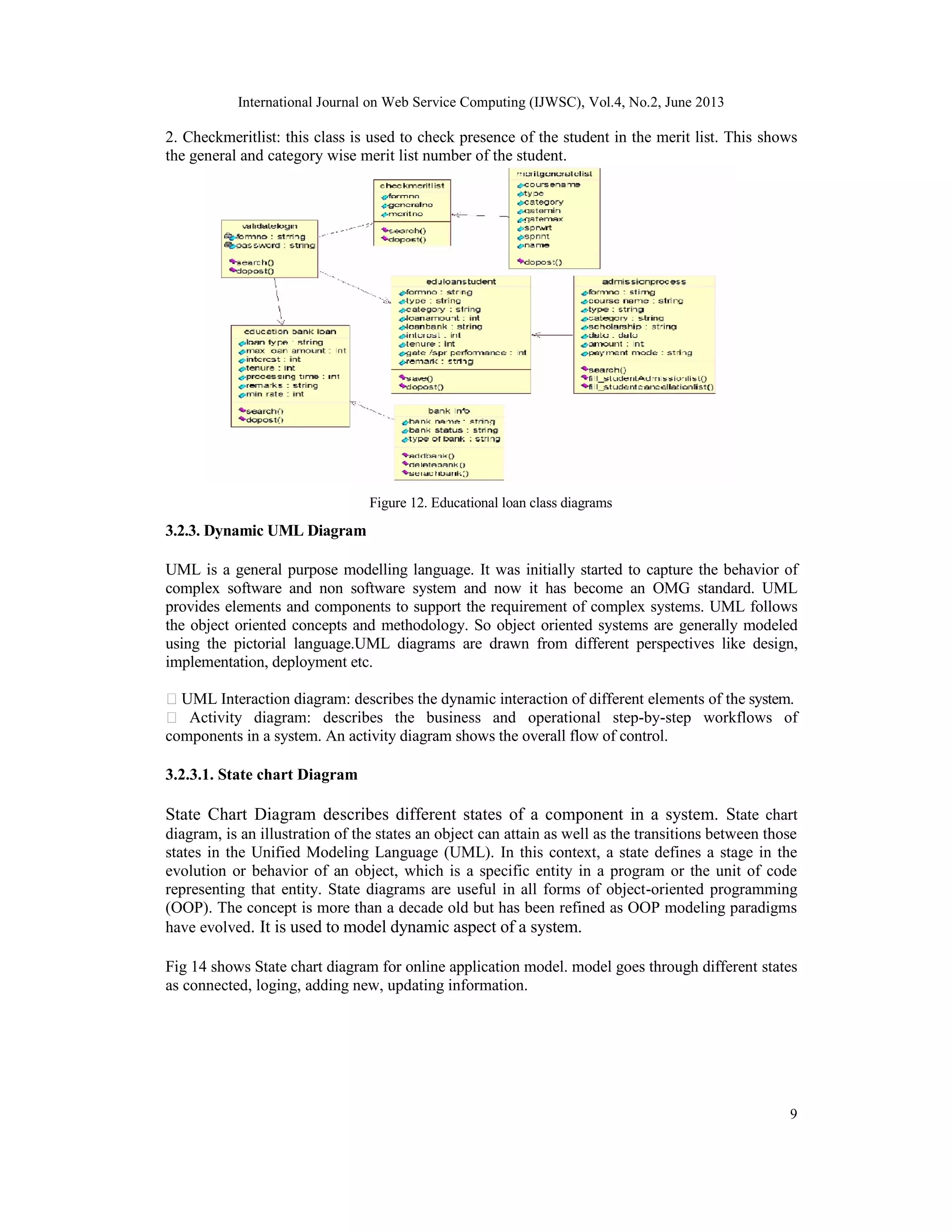 International Journal on Web Service Computing (IJWSC), Vol.4, No.2, June 2013
9
2. Checkmeritlist: this class is used to check presence of the student in the merit list. This shows
the general and category wise merit list number of the student.
Figure 12. Educational loan class diagrams
3.2.3. Dynamic UML Diagram
UML is a general purpose modelling language. It was initially started to capture the behavior of
complex software and non software system and now it has become an OMG standard. UML
provides elements and components to support the requirement of complex systems. UML follows
the object oriented concepts and methodology. So object oriented systems are generally modeled
using the pictorial language.UML diagrams are drawn from different perspectives like design,
implementation, deployment etc.
UML Interaction diagram: describes the dynamic interaction of different elements of the system.
Activity diagram: describes the business and operational step-by-step workflows of
components in a system. An activity diagram shows the overall flow of control.
3.2.3.1. State chart Diagram
State Chart Diagram describes different states of a component in a system. State chart
diagram, is an illustration of the states an object can attain as well as the transitions between those
states in the Unified Modeling Language (UML). In this context, a state defines a stage in the
evolution or behavior of an object, which is a specific entity in a program or the unit of code
representing that entity. State diagrams are useful in all forms of object-oriented programming
(OOP). The concept is more than a decade old but has been refined as OOP modeling paradigms
have evolved. It is used to model dynamic aspect of a system.
Fig 14 shows State chart diagram for online application model. model goes through different states
as connected, loging, adding new, updating information.
 