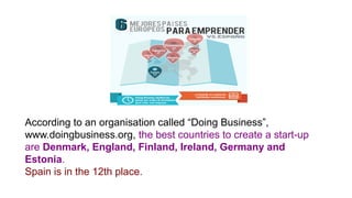 According to an organisation called “Doing Business”,
www.doingbusiness.org, the best countries to create a start-up
are Denmark, England, Finland, Ireland, Germany and
Estonia.
Spain is in the 12th place.
 
