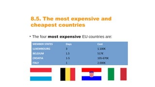 8.5. The most expensive and
cheapest countries
• The four most expensive EU countries are:
MEMBER STATES Days Cost
LUXEMBOURG 3 1.100€
BELGIUM 1.5 517€
CROATIA 1-5 105-670€
ITALY 1 2.000€
 