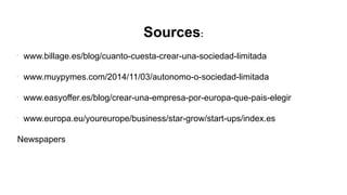 Sources:
l
www.billage.es/blog/cuanto-cuesta-crear-una-sociedad-limitada
l
www.muypymes.com/2014/11/03/autonomo-o-sociedad-limitada
l
www.easyoffer.es/blog/crear-una-empresa-por-europa-que-pais-elegir
l
www.europa.eu/youreurope/business/star-grow/start-ups/index.es
Newspapers
 