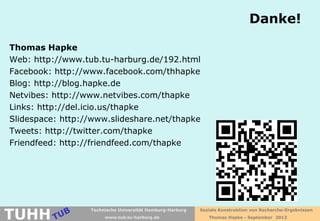 Danke!

Thomas Hapke
Web: http://www.tub.tu-harburg.de/192.html
Facebook: http://www.facebook.com/thhapke
Blog: http://blog.hapke.de
Netvibes: http://www.netvibes.com/thapke
Links: http://del.icio.us/thapke
Slidespace: http://www.slideshare.net/thapke
Tweets: http://twitter.com/thapke
Friendfeed: http://friendfeed.com/thapke




TUHH
                  Technische Universität Hamburg-Harburg   Soziale Konstruktion von Recherche-Ergebnissen
                       www.tub.tu-harburg.de                  Thomas Hapke - September 2012
 