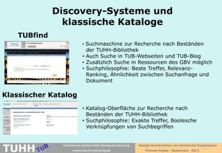 Discovery-Systeme und
               klassische Kataloge
   TUBfind
                          • Suchmaschine zur Recherche nach Beständen
                            der TUHH-Bibliothek
                          • Auch Suche in TUB-Webseiten und TUB-Blog
                          • Zusätzlich Suche in Ressourcen des GBV möglich
                          • Suchphilosophie: Beste Treffer, Relevanz-
                            Ranking, Ähnlichkeit zwischen Suchanfrage und
                            Dokument

Klassischer Katalog
                          • Katalog-Oberfläche zur Recherche nach
                            Beständen der TUHH-Bibliothek
                          • Suchphilosophie: Exakte Treffer, Boolesche
                            Verknüpfungen von Suchbegriffen



TUHH
               Technische Universität Hamburg-Harburg   Soziale Konstruktion von Recherche-Ergebnissen
                    www.tub.tu-harburg.de                  Thomas Hapke - September 2012
 