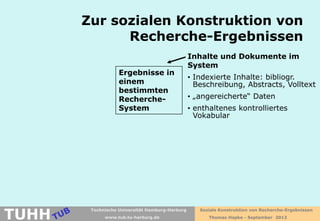 Zur sozialen Konstruktion von
             Recherche-Ergebnissen
                                                 Inhalte und Dokumente im
                                                 System
                   Ergebnisse in
                                                 • Indexierte Inhalte: bibliogr.
                   einem                           Beschreibung, Abstracts, Volltext
                   bestimmten
                   Recherche-                    • „angereicherte“ Daten
                   System                        • enthaltenes kontrolliertes
                                                   Vokabular




TUHH
        Technische Universität Hamburg-Harburg      Soziale Konstruktion von Recherche-Ergebnissen
             www.tub.tu-harburg.de                     Thomas Hapke - September 2012
 