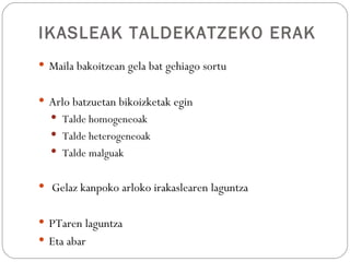 IKASLEAK TALDEKATZEKO ERAK
 Maila bakoitzean gela bat gehiago sortu


 Arlo batzuetan bikoizketak egin
   Talde homogeneoak
   Talde heterogeneoak
   Talde malguak


 Gelaz kanpoko arloko irakaslearen laguntza


 PTaren laguntza
 Eta abar
 