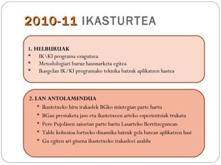 2010-11 IKASTURTEA

1. HELBURUAK
   IKKI programa ezagutzea
   Metodologiari buruz hausnarketa egitea
   Ikasgelan IK/KI programako teknika batzuk aplikatzen hastea



2. LAN ANTOLAMENDUA
     Ikastetxeko hiru irakaslek BGko mintegian parte hartu
     BGan prestaketa jaso eta ikastetxeen arteko esperientziak trukatu
     Pere Pujolásen saioetan parte hartu Lasarteko Berritzegunean
     Talde kohesioa lortzeko dinamika batzuk gela batean aplikatzen hasi
     Gu egiten ari ginena ikastetxeko irakasleei azaldu
 