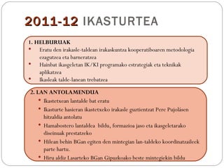 2011-12 IKASTURTEA
1. HELBURUAK
   Eratu den irakasle-taldean irakaskuntza kooperatiboaren metodologia
    ezagutzea eta barneratzea
   Hainbat ikasgeletan IK/KI programako estrategiak eta teknikak
    aplikatzea
   Ikasleak talde-lanean trebatzea

2. LAN ANTOLAMENDUA
     Ikastetxean lantalde bat eratu
     Ikasturte hasieran ikastetxeko irakasle guztientzat Pere Pujolásen
      hitzaldia antolatu
     Hamabostero lantaldea bildu, formazioa jaso eta ikasgeletarako
      diseinuak prestatzeko
     Hilean behin BGan egiten den mintegian lan-taldeko koordinatzaileek
      parte hartu.
     Hiru aldiz Lasarteko BGan Gipuzkoako beste mintegiekin bildu
 