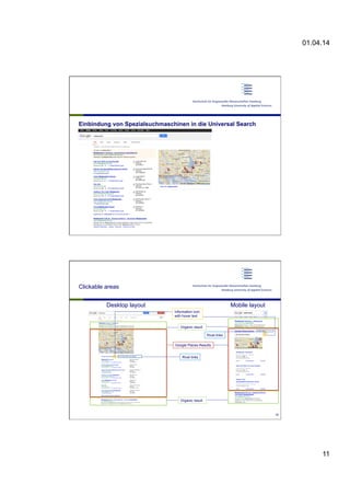 01.04.14
11
Einbindung von Spezialsuchmaschinen in die Universal Search
Google Places Results
Rival links
Desktop layout Mobile layout
Rival links
Information icon
with hover text
Organic result
Organic result
Clickable areas
30
 