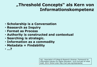 Technische Universität Hamburg-Harburg
www.tub.tu-harburg.de
„Threshold Concepts“ als Kern von
Informationskompetenz
• Scholarship is a Conversation
• Research as Inquiry
• Format as Process
• Authority is constructed and contextual
• Searching is strategic.
• Information as a commodity
• Metadata = Findability
• …?
Vgl.: Association of College & Research Libraries: Framework for
Information Literacy for Higher Education. 1st & 2nd part of initial
draft, 2014. Online unter http://acrl.ala.org/ilstandards/
 