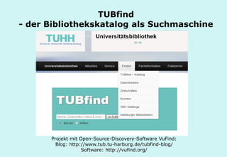 Technische Universität Hamburg-Harburg
www.tub.tu-harburg.de
TUBfind
- der Bibliothekskatalog als Suchmaschine
Projekt mit Open-Source-Discovery-Software VuFind:
Blog: http://www.tub.tu-harburg.de/tubfind-blog/
Software: http://vufind.org/
 