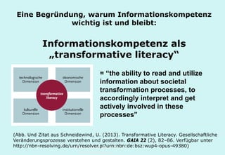 Technische Universität Hamburg-Harburg
www.tub.tu-harburg.de
Eine Begründung, warum Informationskompetenz
wichtig ist und bleibt:
Informationskompetenz als
„transformative literacy“
= “the ability to read and utilize
information about societal
transformation processes, to
accordingly interpret and get
actively involved in these
processes”
(Abb. Und Zitat aus Schneidewind, U. (2013). Transformative Literacy. Gesellschaftliche
Veränderungsprozesse verstehen und gestalten. GAIA 22 (2), 82–86. Verfügbar unter
http://nbn-resolving.de/urn/resolver.pl?urn:nbn:de:bsz:wup4-opus-49380)
 