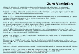 Technische Universität Hamburg-Harburg
www.tub.tu-harburg.de
Zum Vertiefen
Addison, C. & Meyers, E. (2013). Perspectives on information literacy: a framework for conceptual
understanding. Information research 18, 3 http://www.informationr.net/ir/18-3/colis/paperC27.html
Association of College & Research Libraries: Framework for Information Literacy for Higher Education. 2015.
Online unter http://www.ala.org/acrl/standards/ilframework
Hapke, T. (2012). Informationskompetenz in einer neuen Informationskultur. In: Sühl-Strohmenger, W. (Hrsg.):
Handbuch Informationskompetenz, S. 36-48. Berlin: de Gruyter Saur. Preprint:
http://dx.doi.org/10.15480/882.1107
Hapke, T. (2015). Informationskompetenz in sich ständig verändernden Informationsumgebungen – Zum Kern
von Informationskompetenz. In: Mayer, Anne-Kathrin (Hrsg.): Informationskompetenz im Hochschulkontext :
interdisziplinäre Forschungsperspektiven, S. 43-61. Lengerich: Pabst
Hapke, T. (2016). Informationskompetenz anders denken - zum epistemologischen Kern von "information
literacy“. In: Sühl-Strohmenger, Willy (Hrsg.): Handbuch Informationskompetenz. 2. Aufl. Berlin: De Gruyter
2016. Preprint: http://dx.doi.org/10.15480/882.1249
Mackey, T.P. & Jacobson, T.E. (2014). Metaliteracy : reinventing information literacy to empower learners.
Chicago : ALA Neal-Schuman
Schneidewind, U. (2013). Transformative Literacy. Gesellschaftliche Veränderungsprozesse verstehen und
gestalten. GAIA 22 (2), 82–86. Verfügbar unter http://nbn-resolving.de/urn/resolver.pl?urn:nbn:de:bsz:wup4-
opus-49380
Tredinnick, L. (2008). Digital information culture : the individual and society in the digital age. Oxford: Chandos
Whitworth, A. (2013). The Design of Media and Information Literacy. In: Media and Information Literacy for
Knowledge Societies. Moscow: Interregional Library Cooperation Centre, 2013. S.40-54
http://www.ifapcom.ru/files/News/Images/2013/mil_eng_web.pdf
 