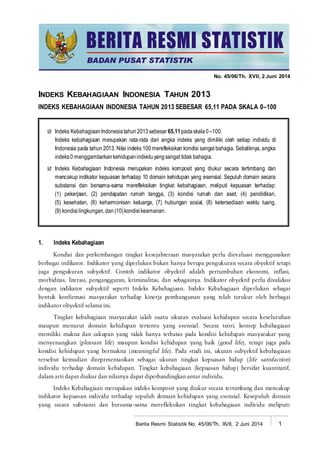 Berita Resmi Statistik No. 45/06/Th. XVII, 2 Juni 2014 1
No. 45/06/Th. XVII, 2 Juni 2014
INDEKS KEBAHAGIAAN INDONESIA TAHUN 2013
INDEKS KEBAHAGIAAN INDONESIA TAHUN 2013 SEBESAR 65,11 PADA SKALA 0–100
1. Indeks Kebahagiaan
BADAN PUSAT STATISTIK
 Indeks KebahagiaanIndonesiatahun2013sebesar 65,11padaskala0 –100.
Indeks kebahagiaan merupakan rata-rata dari angka indeks yang dimiliki oleh setiap individu di
Indonesia pada tahun 2013. Nilai indeks 100merefleksikan kondisi sangat bahagia. Sebaliknya, angka
indeks0 menggambarkankehidupanindividuyangsangat tidak bahagia.
 Indeks Kebahagiaan Indonesia merupakan indeks komposit yang diukur secara tertimbang dan
mencakup indikator kepuasan terhadap 10 domain kehidupan yang esensial. Sepuluh domain secara
substansi dan bersama-sama merefleksikan tingkat kebahagiaan, meliputi kepuasan terhadap:
(1) pekerjaan, (2) pendapatan rumah tangga, (3) kondisi rumah dan aset, (4) pendidikan,
(5) kesehatan, (6) keharmonisan keluarga, (7) hubungan sosial, (8) ketersediaan waktu luang,
(9) kondisilingkungan,dan(10)kondisikeamanan.
 