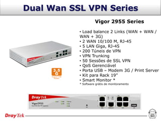 Dual Wan SSL VPN Series
                     Vigor 2955 Series

           • Load balance 2 Links (WAN + WAN /
           WAN + 3G)
           • 2 WAN 10/100 M, RJ-45
           • 5 LAN Giga, RJ-45
           • 200 Túneis de VPN
           • VPN Trunking
           • 50 Sessões de SSL VPN
           • QoS Gerenciável
           • Porta USB – Modem 3G / Print Server
           • Kit para Rack 19”
           • Smart Monitor *
           * Software grátis de monitoramento
 