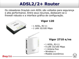 ADSL2/2+ Router
Os roteadores Draytek com ADSL são voltados para segurança
e alta performance. Entre seus recursos, destacam-se o
firewall robusto e a interface gráfica de configuração.

                              Vigor 120

                      • 1 ADSL, RJ-11
                      • 1 LAN 10/100 Mbps




                                        Vigor 2710 e/ne

                                 •   1 ADSL, RJ-11
                                 •   4 LAN 10/100 Mbps
                                 •   1 Antena fixa
                                 •   Wireless n
                                 •   Modelo econômico
 