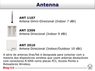 Antenna

           ANT 1107
           Antena Omni-Direcional (Indoor 7 dBi)


           ANT 2309
           Antena Direcional (Indoor 9 dBi)


           ANT 2510
           Antena Direcional (Indoor/Outdoor 10 dBi)

A série de antenas DrayTek é designada para conectar com a
maioria dos dispositivos wireless que usam antenas destacáveis
com conectores R-SMA como placas PCI, Access Points e
Roteadores Wireless.
 