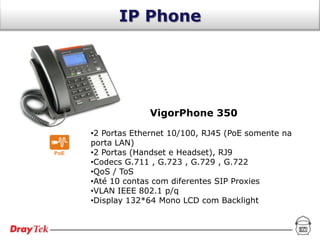 IP Phone




             VigorPhone 350

•2 Portas Ethernet 10/100, RJ45 (PoE somente na
porta LAN)
•2 Portas (Handset e Headset), RJ9
•Codecs G.711 , G.723 , G.729 , G.722
•QoS / ToS
•Até 10 contas com diferentes SIP Proxies
•VLAN IEEE 802.1 p/q
•Display 132*64 Mono LCD com Backlight
 