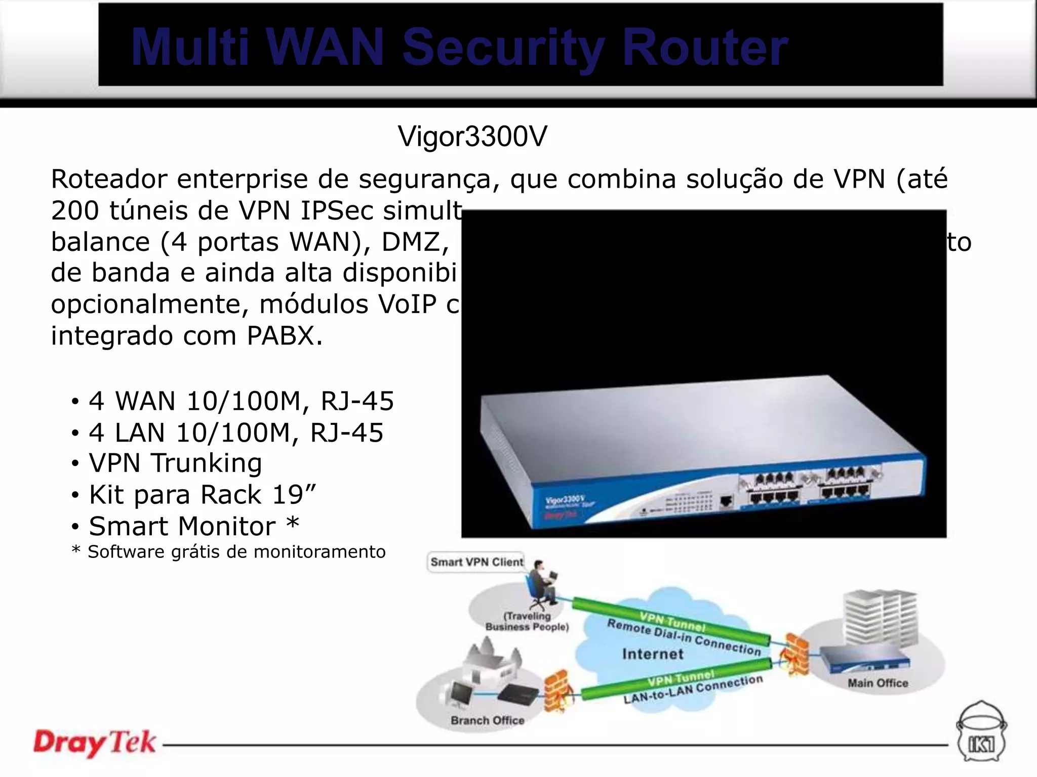 Multi WAN Security Router
                                      Vigor3300V
Roteador enterprise de segurança, que combina solução de VPN (até
200 túneis de VPN IPSec simult
balance (4 portas WAN), DMZ,                                     to
de banda e ainda alta disponibi
opcionalmente, módulos VoIP c
integrado com PABX.

 •   4 WAN 10/100M, RJ-45
 •   4 LAN 10/100M, RJ-45
 •   VPN Trunking
 •   Kit para Rack 19”
 •   Smart Monitor *
 * Software grátis de monitoramento
 