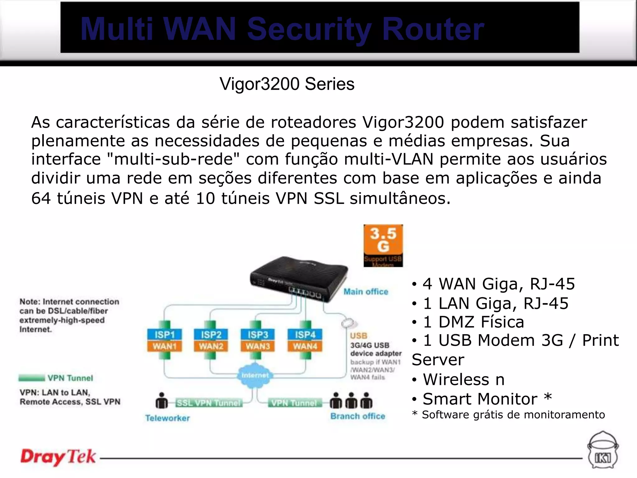 Multi WAN Security Router
                      Vigor3200 Series

As características da série de roteadores Vigor3200 podem satisfazer
plenamente as necessidades de pequenas e médias empresas. Sua
interface "multi-sub-rede" com função multi-VLAN permite aos usuários
dividir uma rede em seções diferentes com base em aplicações e ainda
64 túneis VPN e até 10 túneis VPN SSL simultâneos.




                                             • 4 WAN Giga, RJ-45
                                             • 1 LAN Giga, RJ-45
                                             • 1 DMZ Física
                                             • 1 USB Modem 3G / Print
                                             Server
                                             • Wireless n
                                             • Smart Monitor *
                                             * Software grátis de monitoramento
 