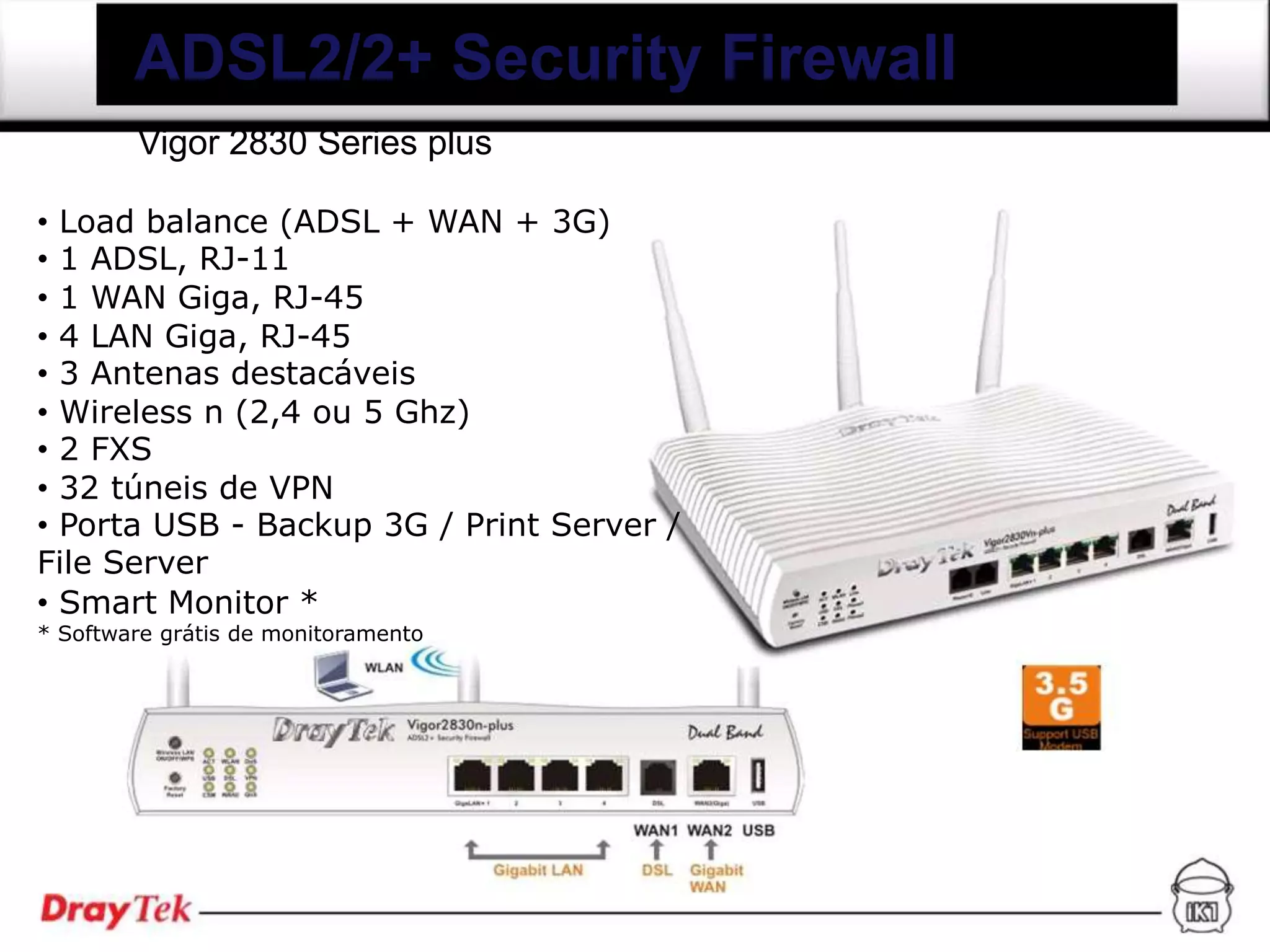 ADSL2/2+ Security Firewall
        Vigor 2830 Series plus

• Load balance (ADSL + WAN + 3G)
• 1 ADSL, RJ-11
• 1 WAN Giga, RJ-45
• 4 LAN Giga, RJ-45
• 3 Antenas destacáveis
• Wireless n (2,4 ou 5 Ghz)
• 2 FXS
• 32 túneis de VPN
• Porta USB - Backup 3G / Print Server /
File Server
• Smart Monitor *
* Software grátis de monitoramento
 