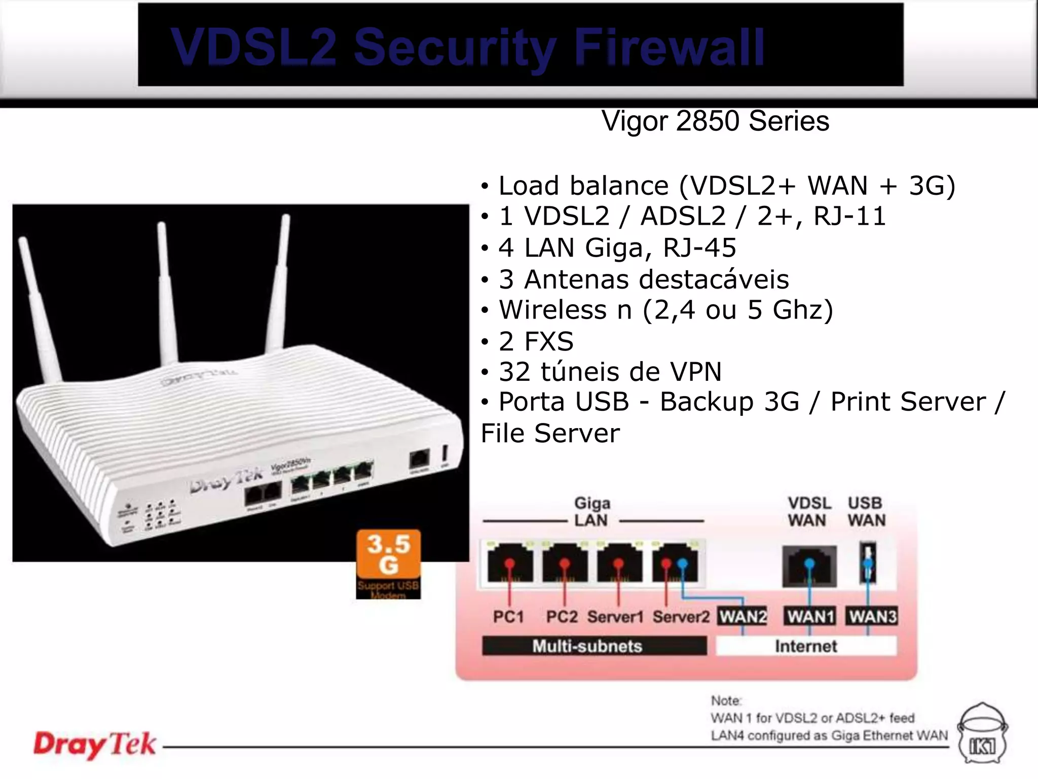 VDSL2 Security Firewall
                    Vigor 2850 Series

           • Load balance (VDSL2+ WAN + 3G)
           • 1 VDSL2 / ADSL2 / 2+, RJ-11
           • 4 LAN Giga, RJ-45
           • 3 Antenas destacáveis
           • Wireless n (2,4 ou 5 Ghz)
           • 2 FXS
           • 32 túneis de VPN
           • Porta USB - Backup 3G / Print Server /
           File Server
 