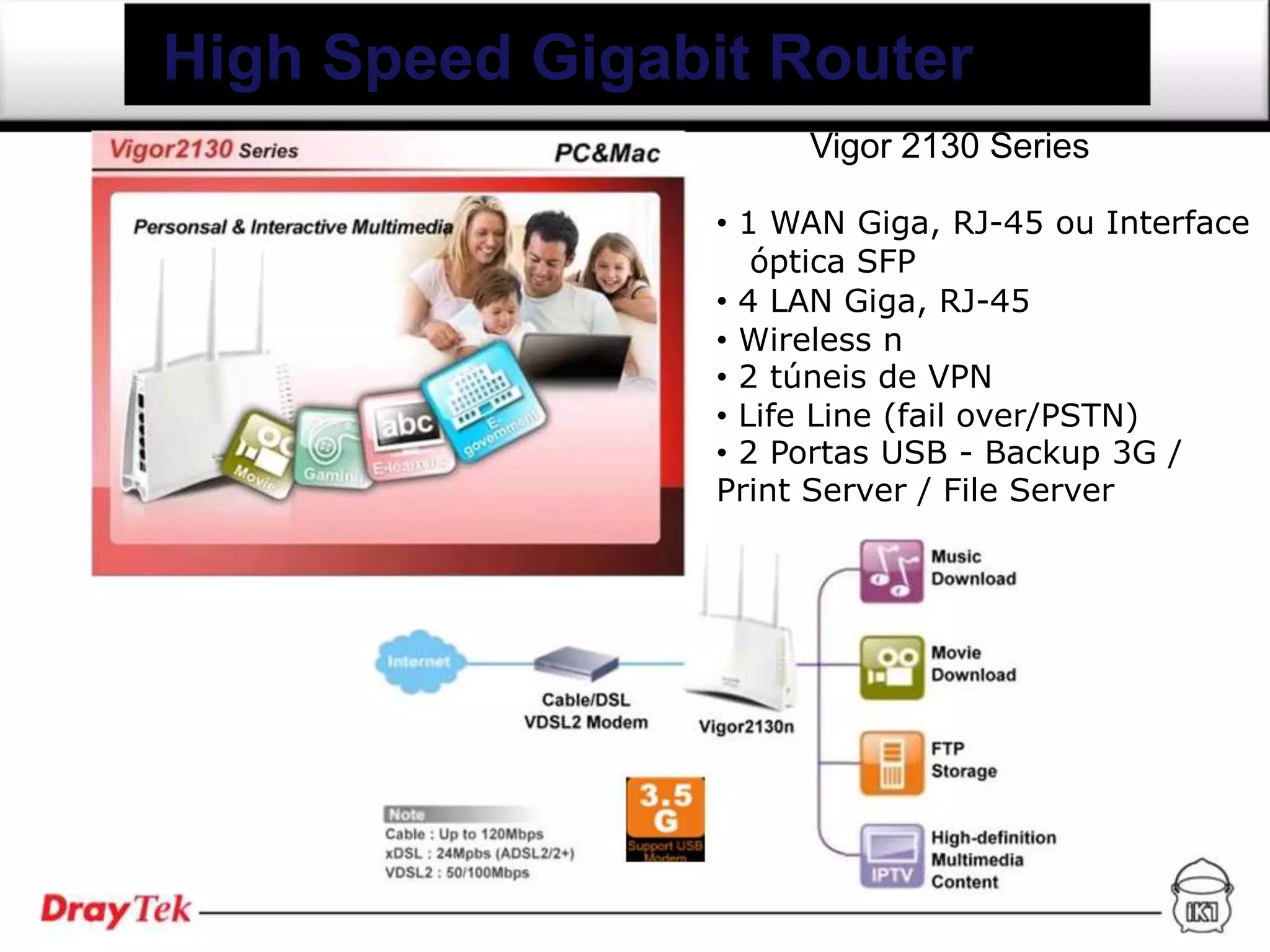 High Speed Gigabit Router
                      Vigor 2130 Series

                 • 1 WAN Giga, RJ-45 ou Interface
                    óptica SFP
                 • 4 LAN Giga, RJ-45
                 • Wireless n
                 • 2 túneis de VPN
                 • Life Line (fail over/PSTN)
                 • 2 Portas USB - Backup 3G /
                 Print Server / File Server
 