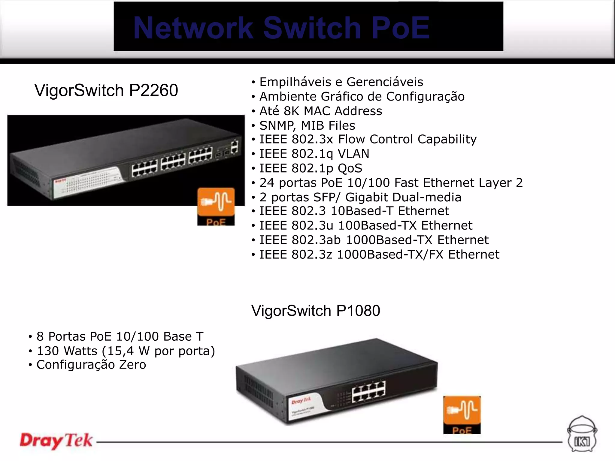 Network Switch PoE
                                 •   Empilháveis e Gerenciáveis
VigorSwitch P2260                •   Ambiente Gráfico de Configuração
                                 •   Até 8K MAC Address
                                 •   SNMP, MIB Files
                                 •   IEEE 802.3x Flow Control Capability
                                 •   IEEE 802.1q VLAN
                                 •   IEEE 802.1p QoS
                                 •   24 portas PoE 10/100 Fast Ethernet Layer 2
                                 •   2 portas SFP/ Gigabit Dual-media
                                 •   IEEE 802.3 10Based-T Ethernet
                                 •   IEEE 802.3u 100Based-TX Ethernet
                                 •   IEEE 802.3ab 1000Based-TX Ethernet
                                 •   IEEE 802.3z 1000Based-TX/FX Ethernet



                                 VigorSwitch P1080
• 8 Portas PoE 10/100 Base T
• 130 Watts (15,4 W por porta)
• Configuração Zero
 