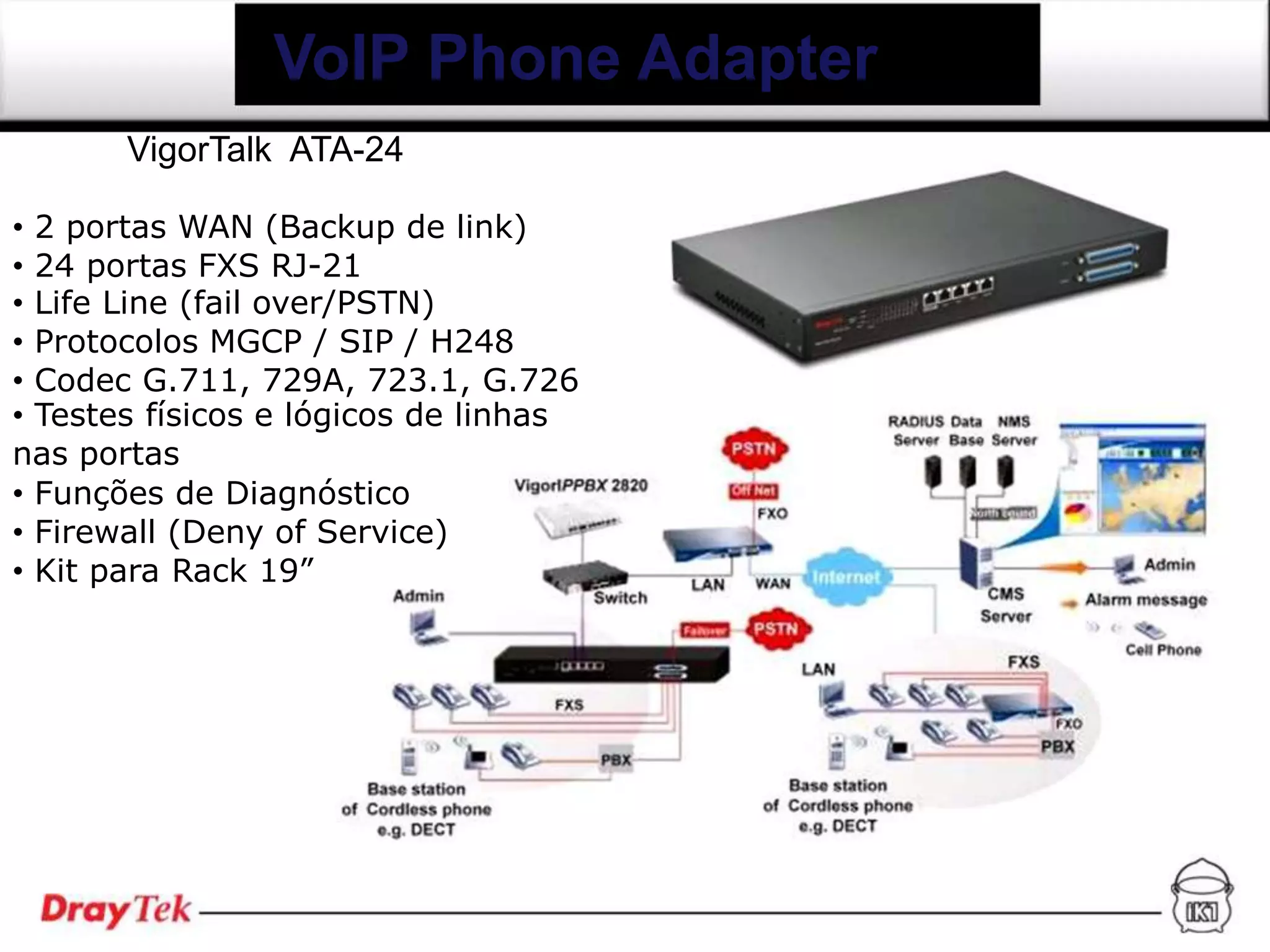 VoIP Phone Adapter
       VigorTalk ATA-24

• 2 portas WAN (Backup de link)
• 24 portas FXS RJ-21
• Life Line (fail over/PSTN)
• Protocolos MGCP / SIP / H248
• Codec G.711, 729A, 723.1, G.726
• Testes físicos e lógicos de linhas
nas portas
• Funções de Diagnóstico
• Firewall (Deny of Service)
• Kit para Rack 19”
 