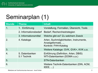 Seminarplan (1) Stunde  Thema Inhalt 1.  Einführung Vorstellung, Formalien, Übersicht, Tools 2. Informationsbedarf Bedarf, Recherchestrategien 3. Informationsmittel Welche gibt es? Zu welchem Zweck 2.  4. Kataloge Arten, Suchmöglichkeiten, Instrumente, Anzeigeformate, ... Konkret: FHH-Katalog 3.  Weitere Kataloge: GVK, GVK+, KVK u.a. 4.  5. Datenbanken 5.1 Technik Einführung (Definition, Arten, DBIS) WTI-Datenbanken (DOMA u.a.) 5.  STN-Datenbanken 6.  Weitere Technik-Datenbanken (DIN, ACM, IEEE, ...) 