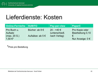 Lieferdienste: Kosten * Preis pro Bestellung Online-Fernleihe SUBITO Pay-per-view PaperC Pro Buch u. Aufsatz  (max. 20 S.) 1,50 €* Bücher: ab 8 € Aufsätze: ab 5 € 20 - >40 €  (unterschiedl. nach Verlag) Pro Kopie oder Bearbeitung 0,10 € Nur Anzeige: 0 € 